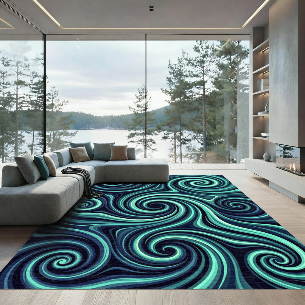 Deep Teal Abstract Fluid Wave Swirl Rug