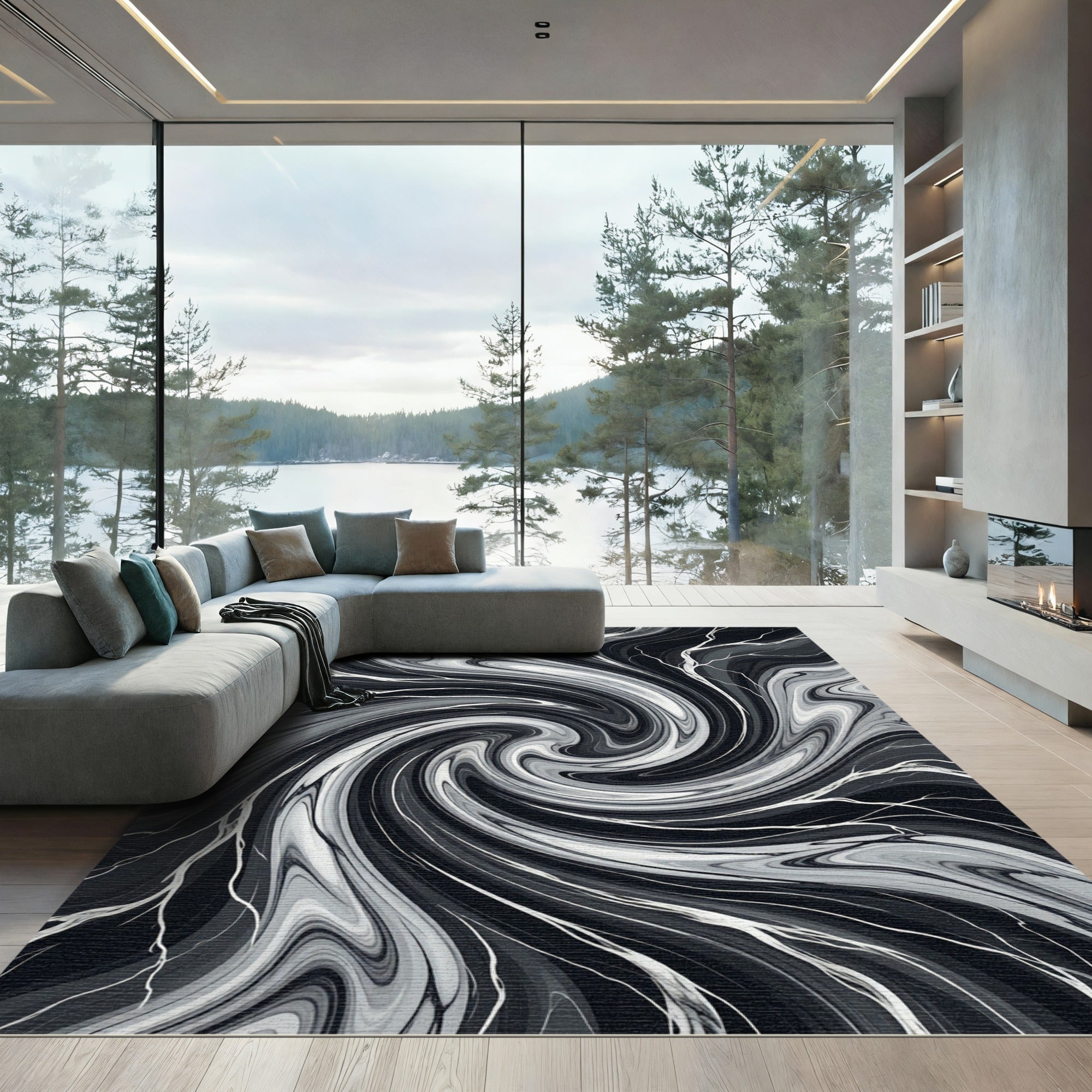 Monochromatic Swirl Abstract Liquid Rug