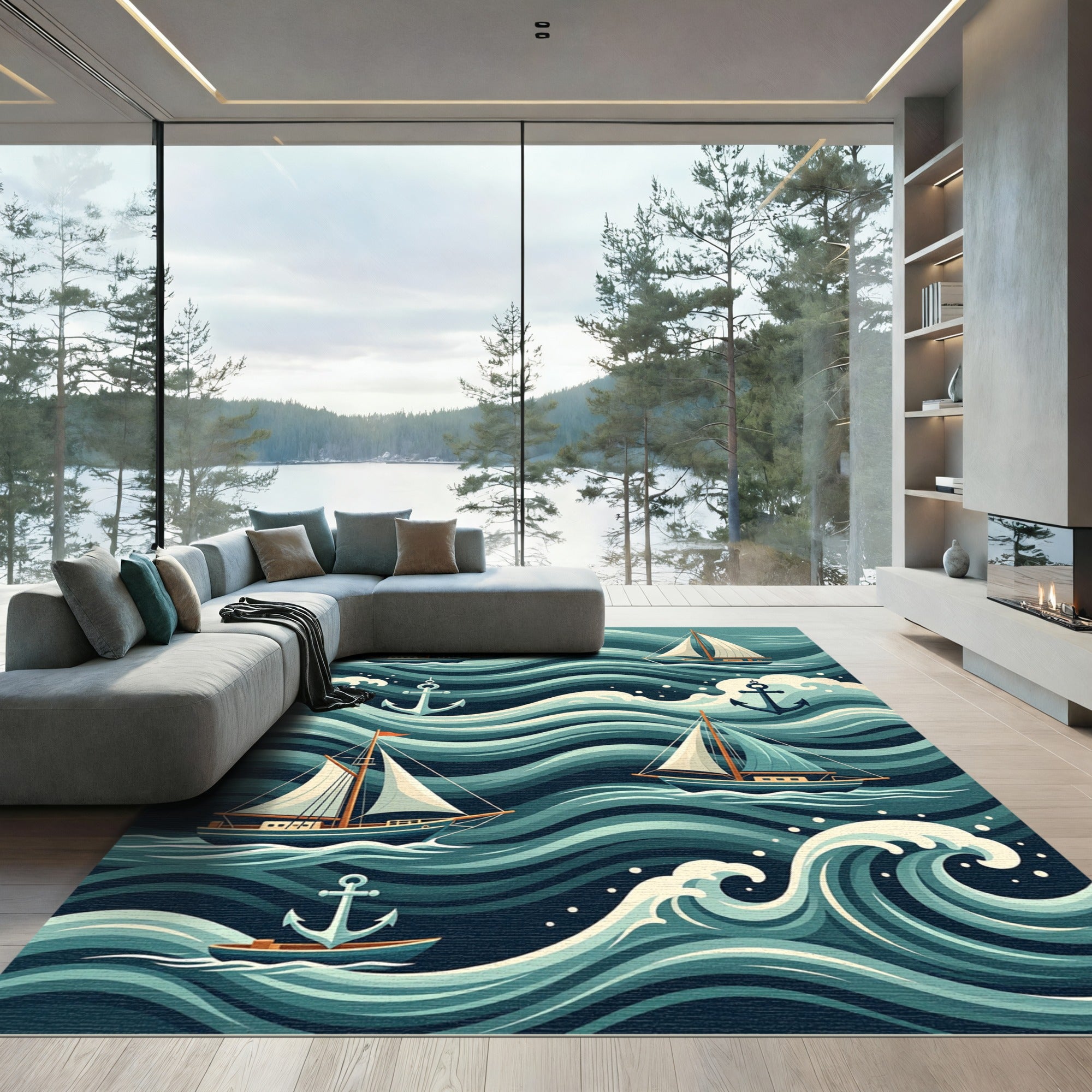 Nautical Sailboat and Anchor Wave Art Rug