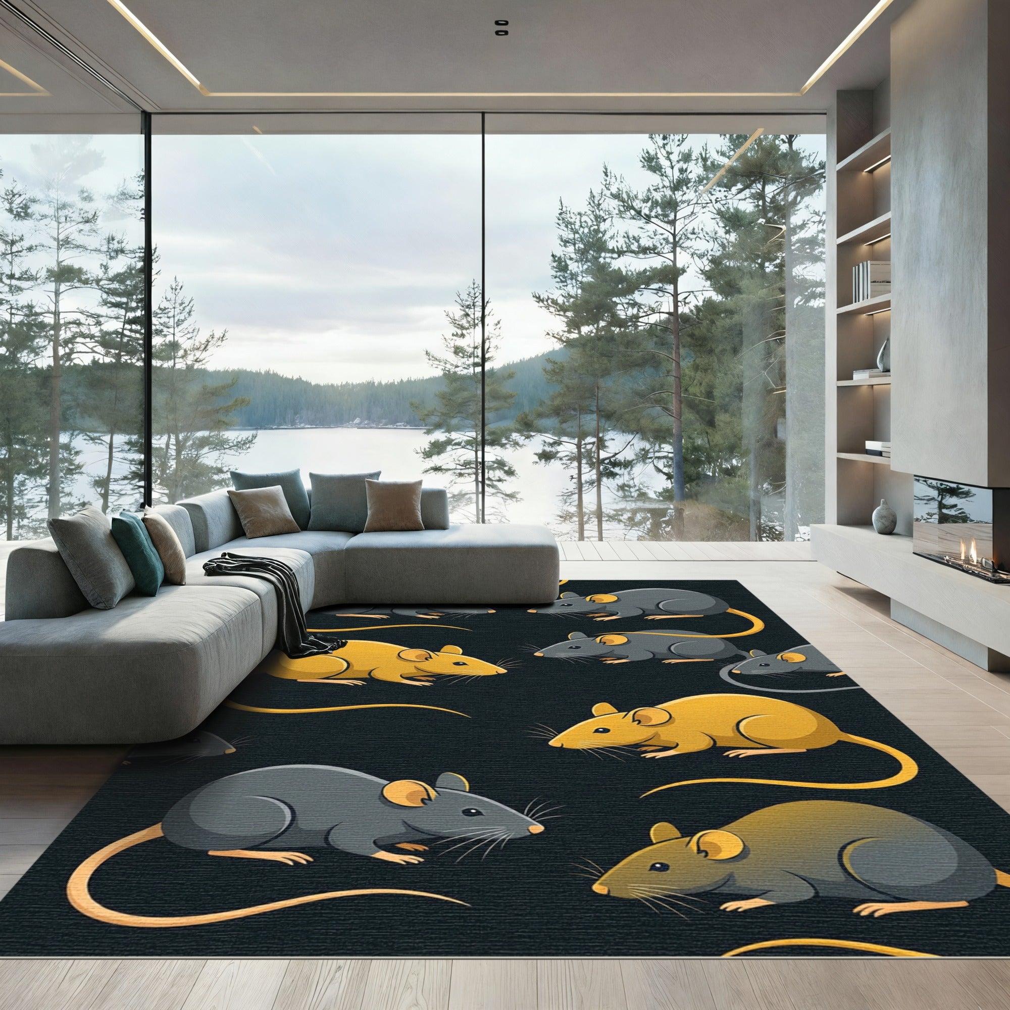 Playful Charcoal and Golden Mouse Illustration Rug