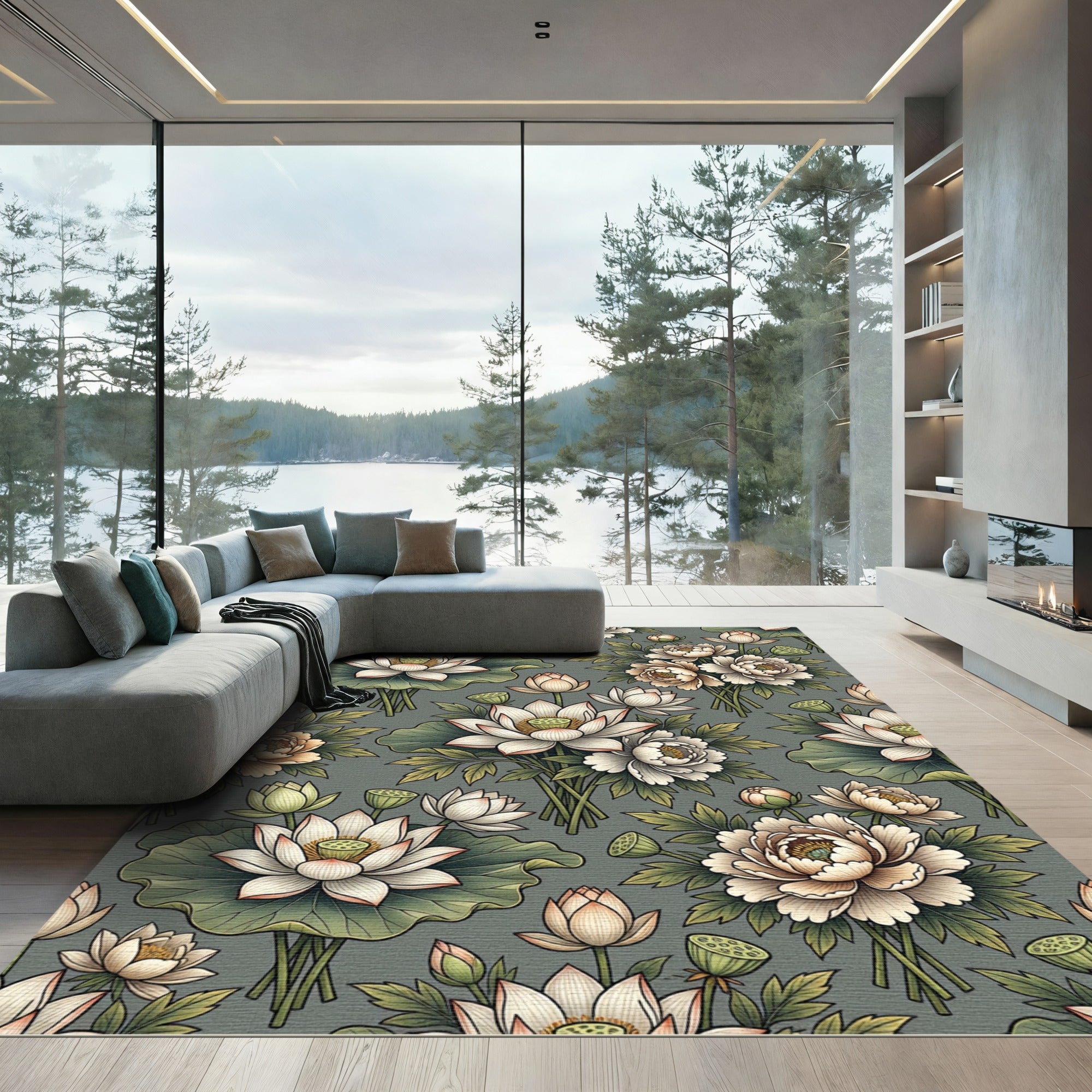 Vintage Cream Lotus Peony Garden Rug