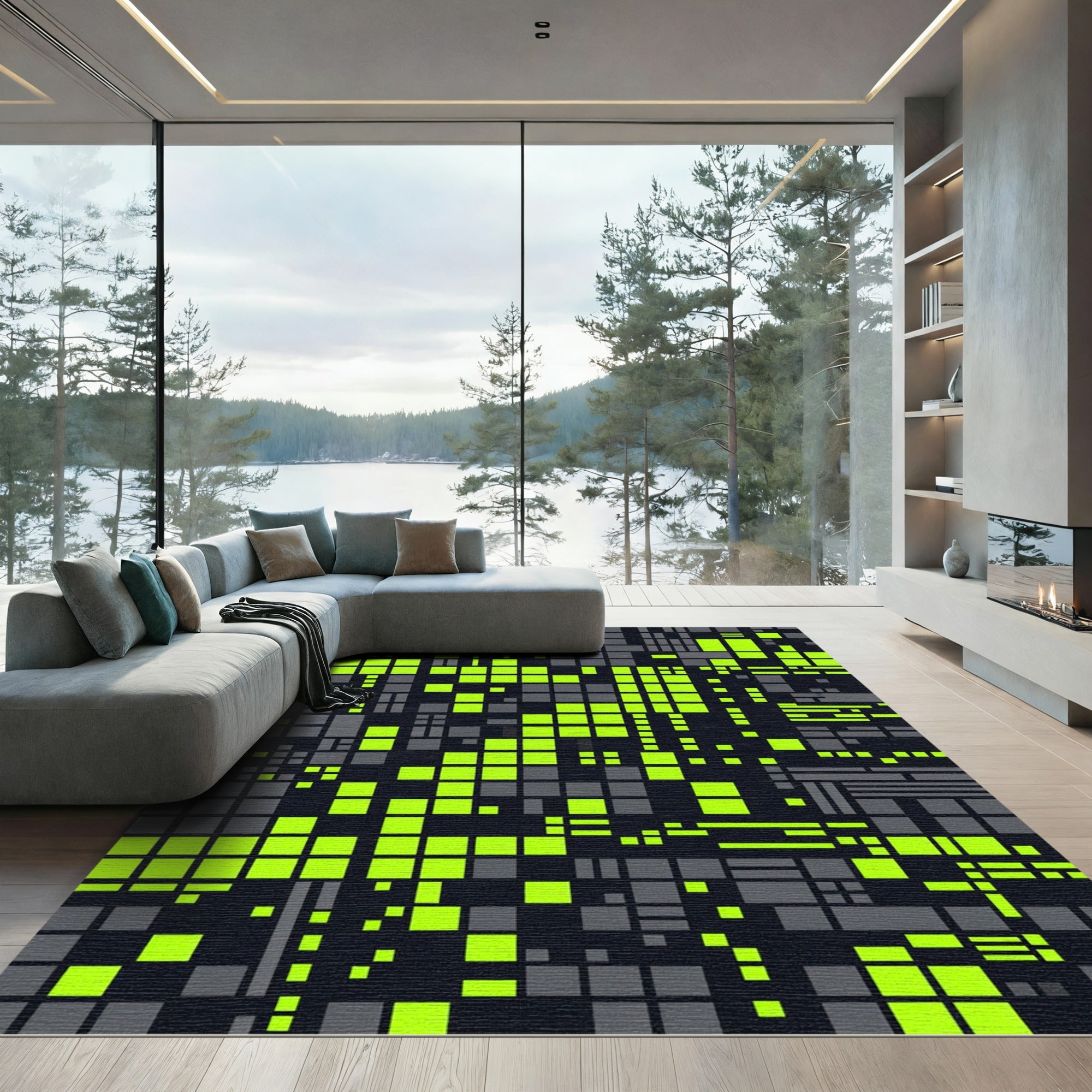 Neon Grid Data Abstract Pixel Rug