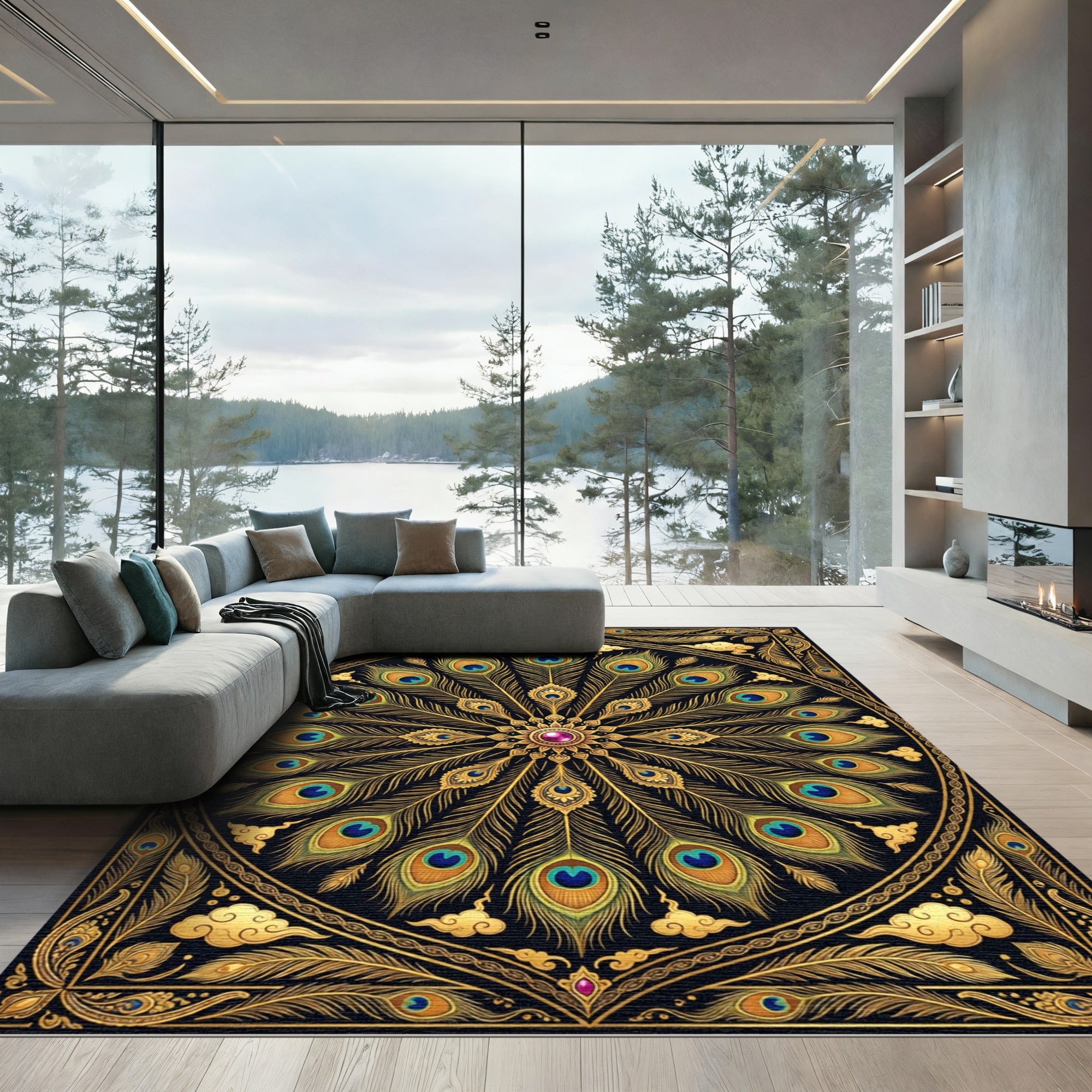 Golden Peacock Feather Mandala Medallion Rug