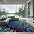 Blue Gold Radiant Mandala Medallion Rug