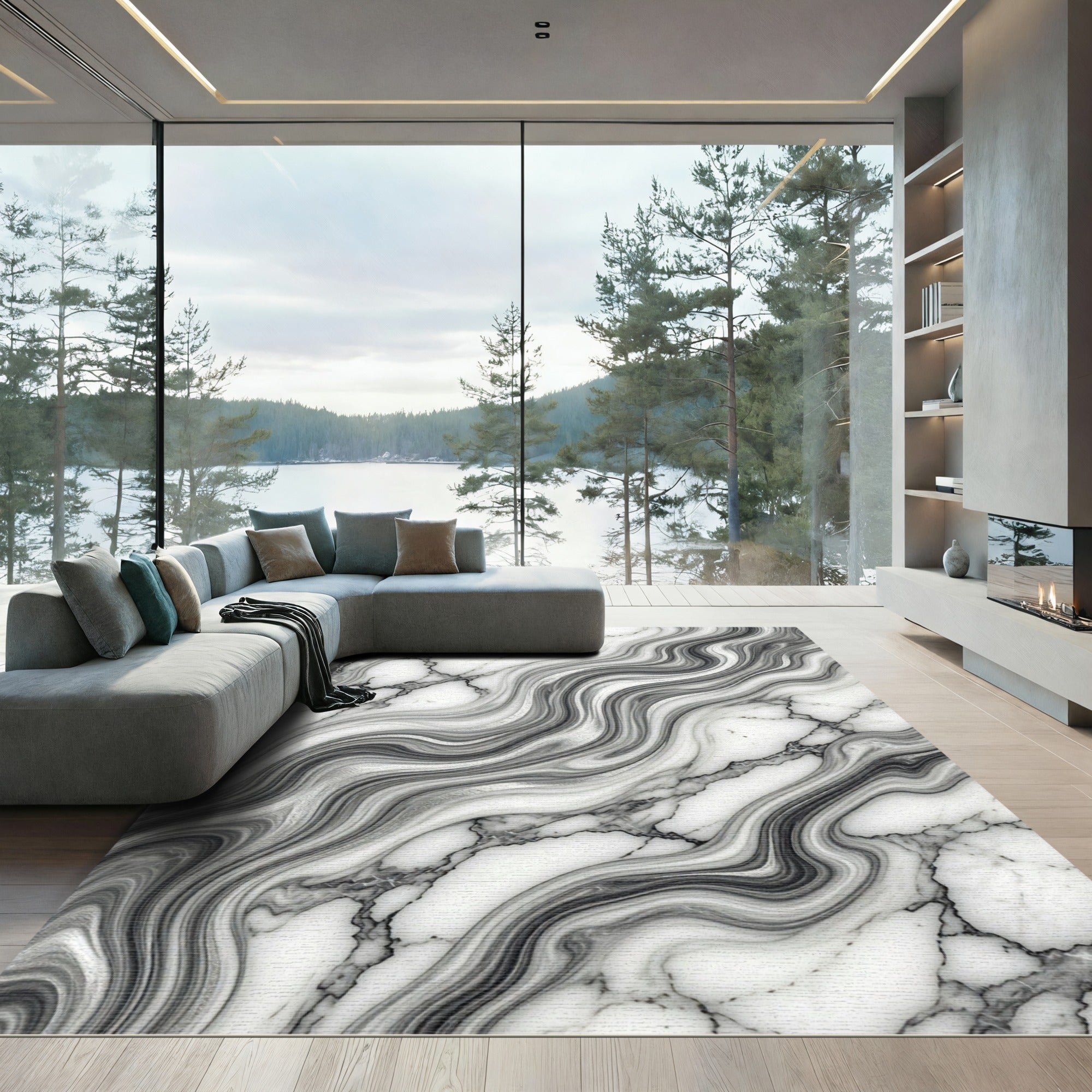 Modern Monochrome Abstract Marble Swirl Rug