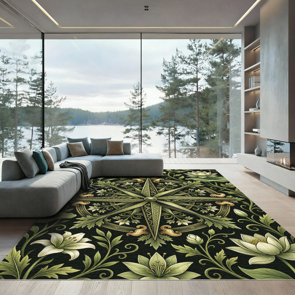 Sage Green Botanical Compass Floral Medallion Rug
