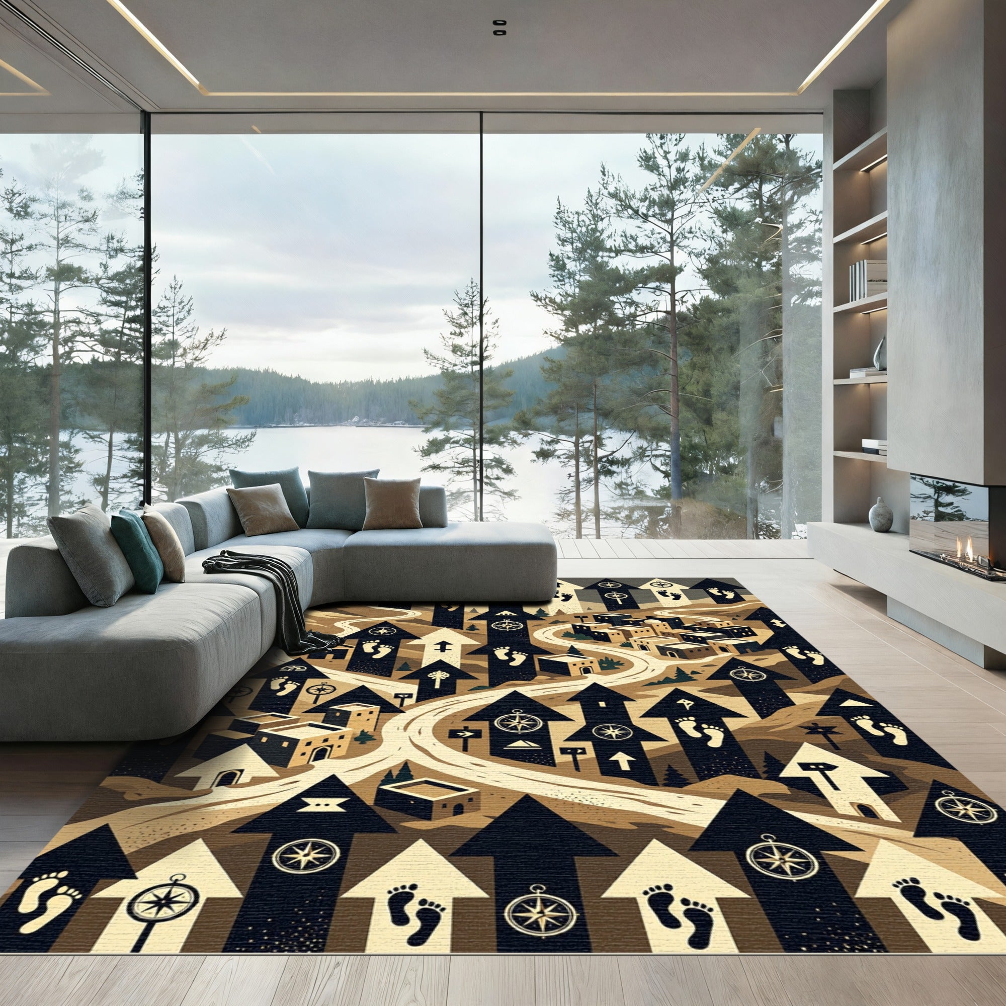 Earthy Compass Arrow Land Journey Map Rug