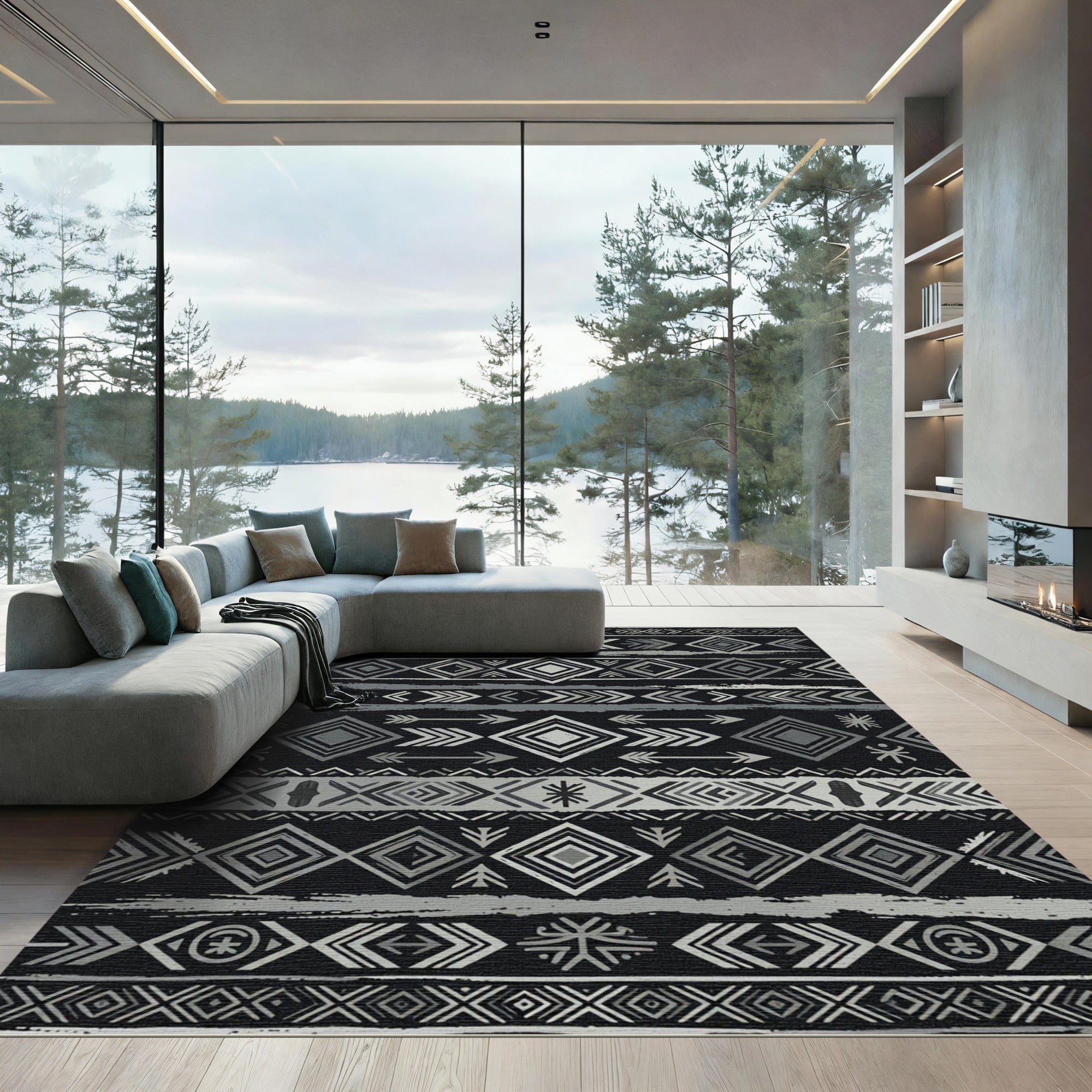 Silver Black Tribal Diamond Stripe Rug