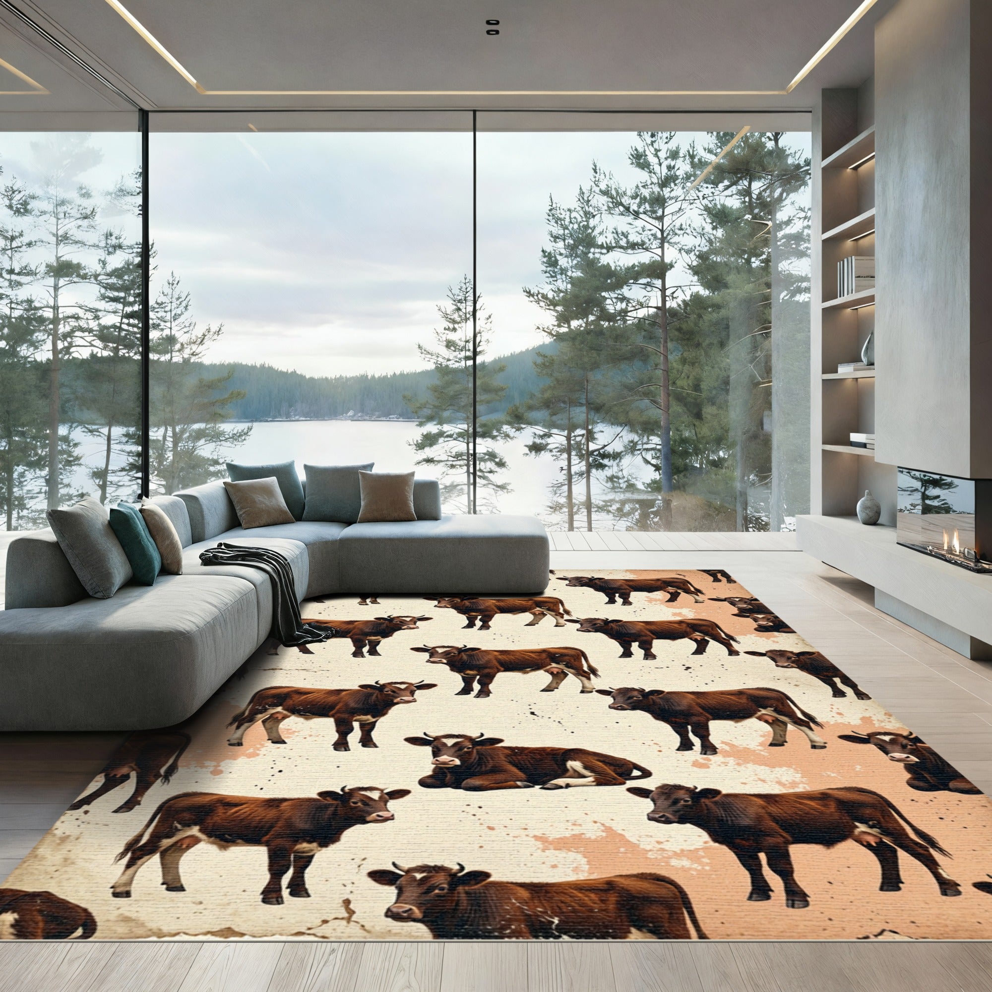 Rustic Brown Calf Farmhouse Illustration Rug