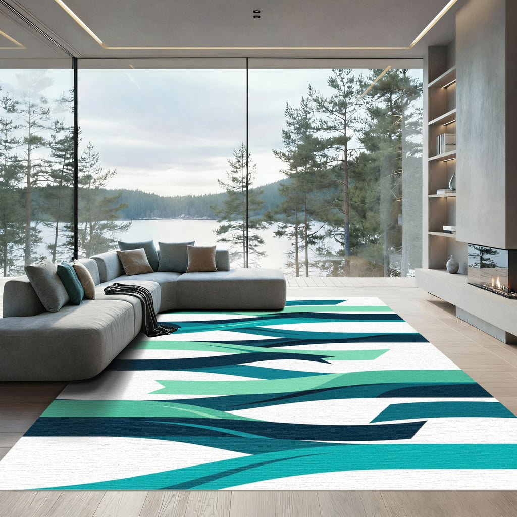 Teal Teal Waves Abstract Rug