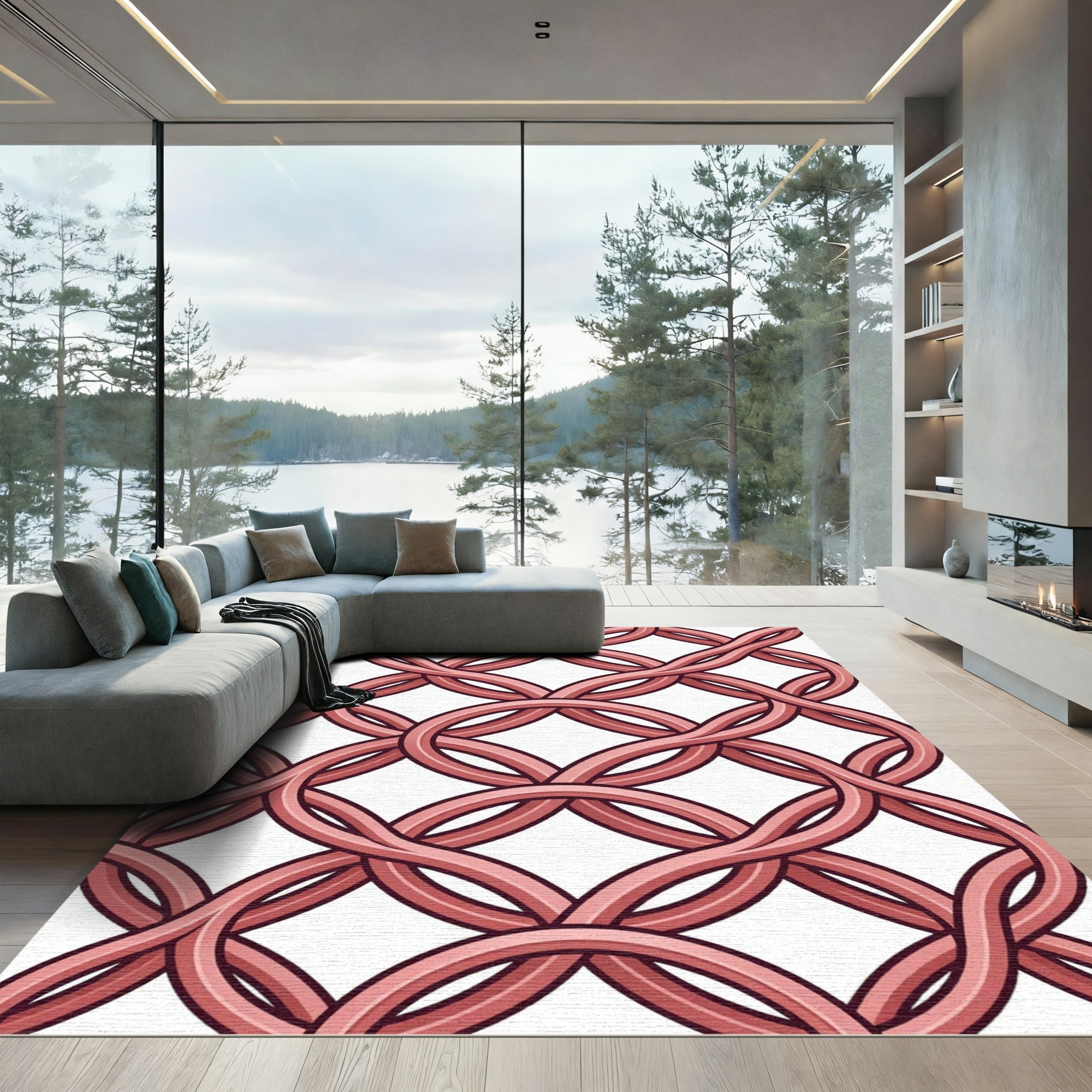 Interlocking Dusty Rose Circular Grid Rug