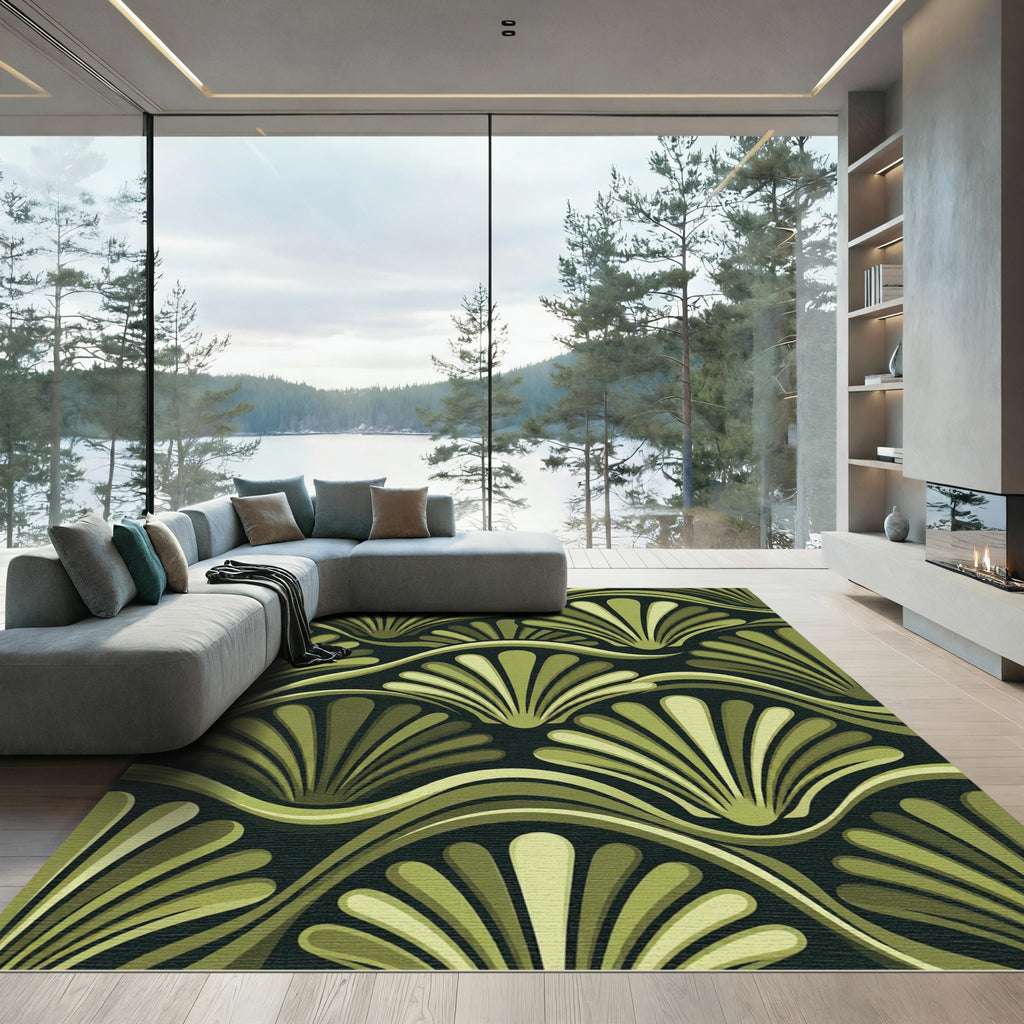 Olive Green Art Deco Fan Waves Rug