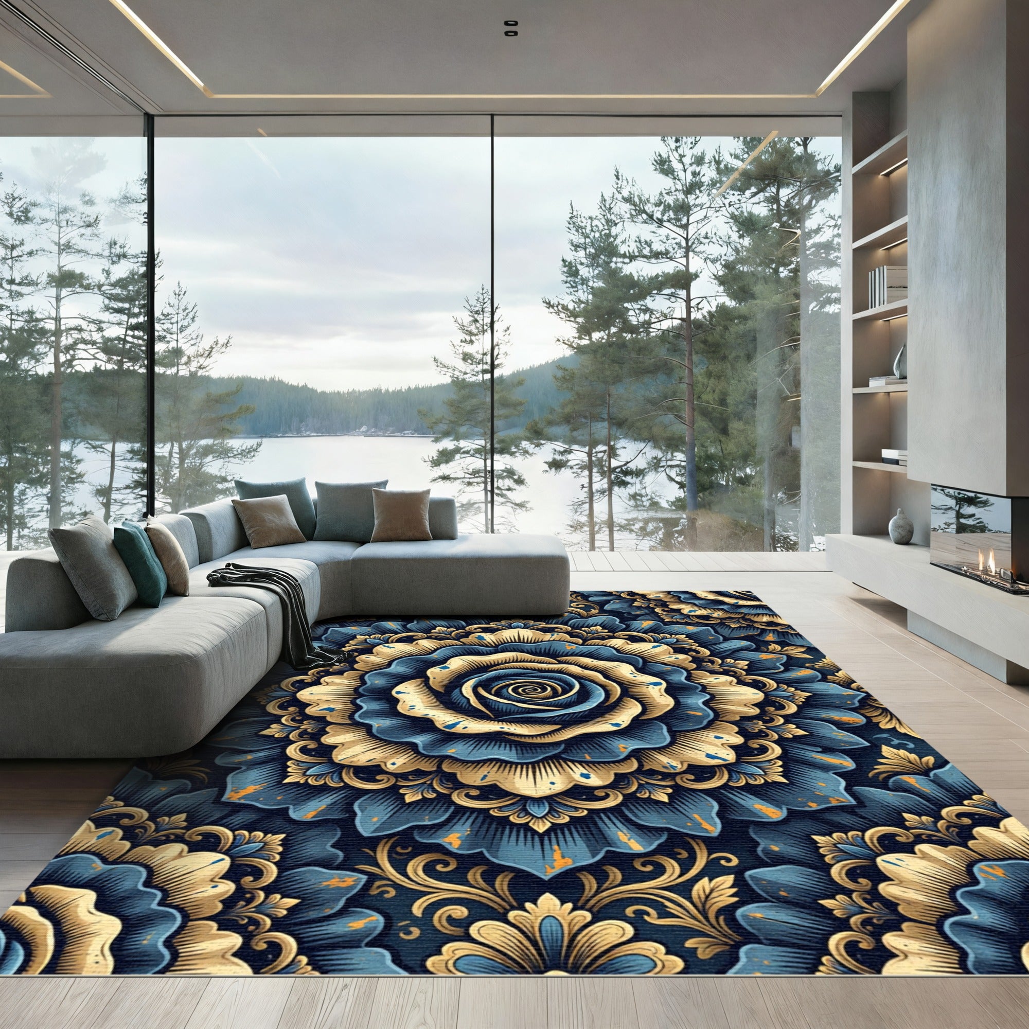 Ornate Blue and Gold Floral Mandala Rug