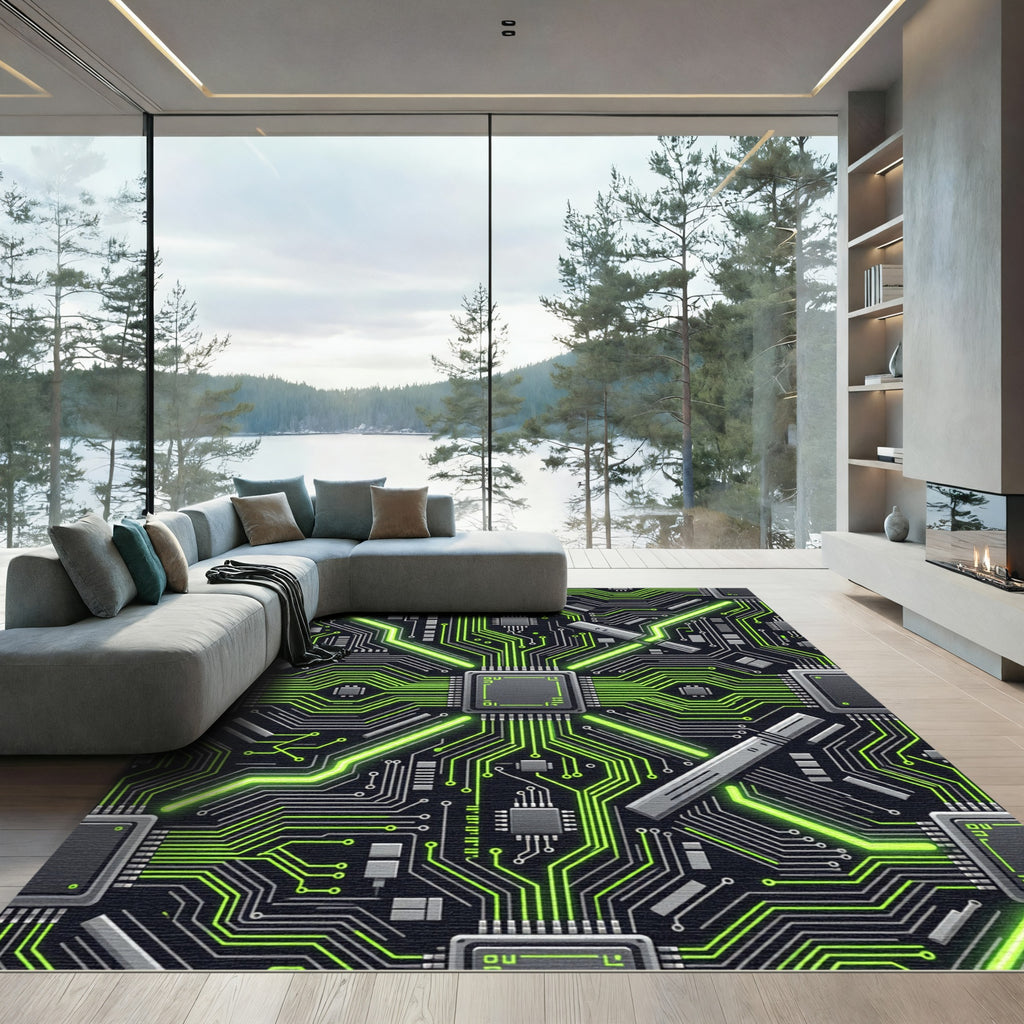 Neon Cyber Circuitry Tech Grid Rug