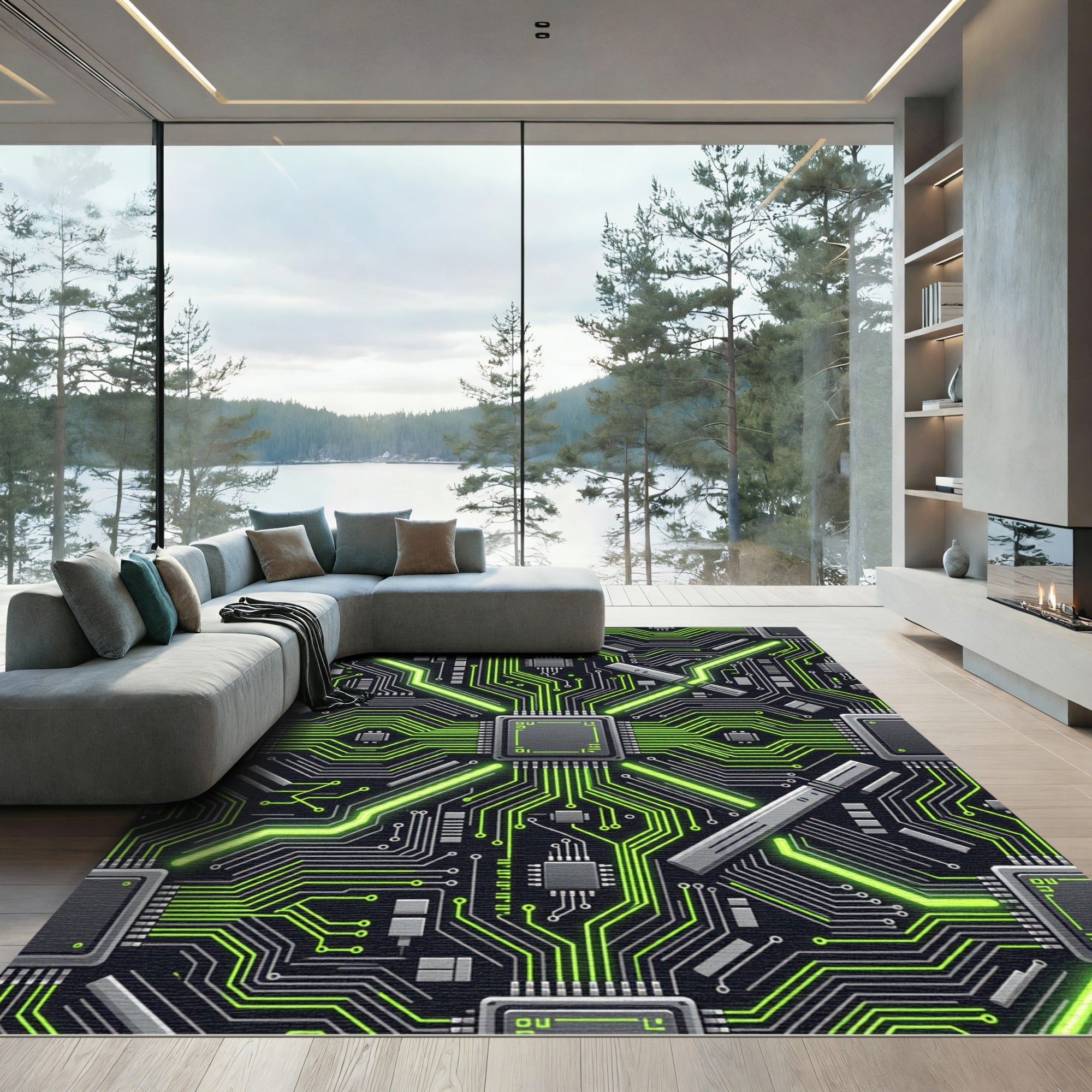 Neon Cyber Circuitry Tech Grid Rug