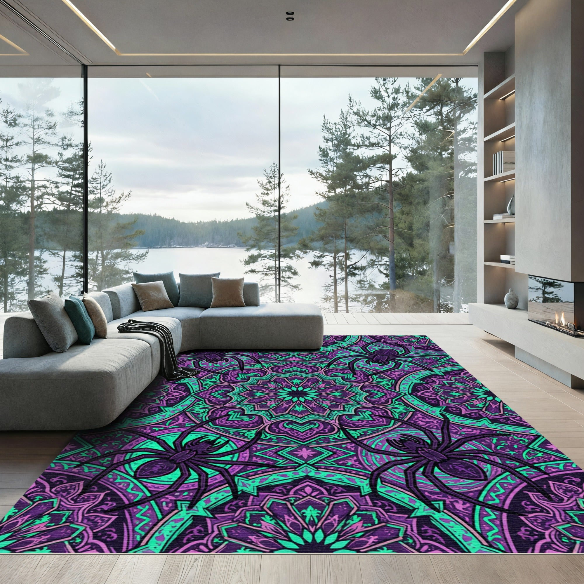 Gothic Neon Purple Spider Mandala Rug