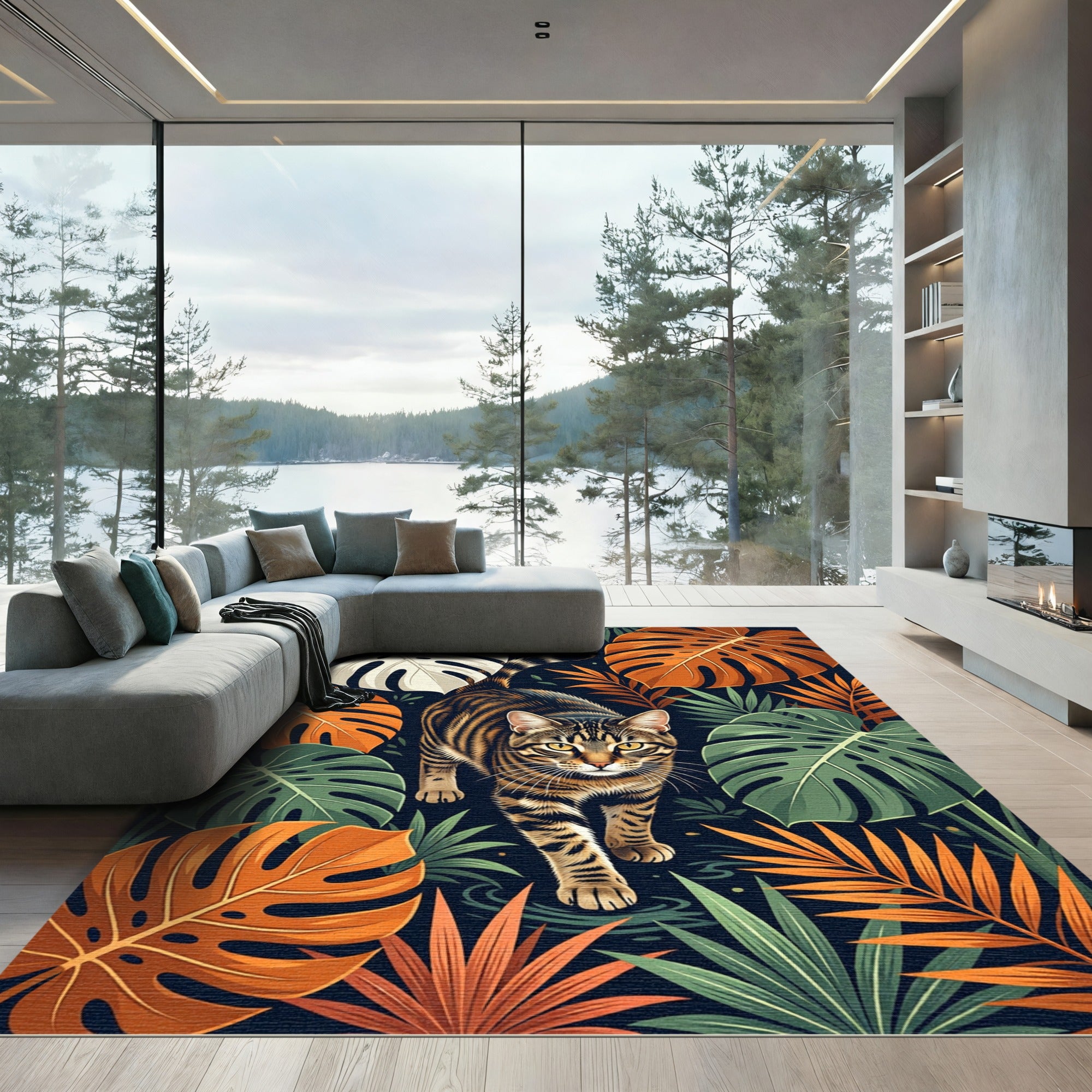 Tropical Tabby Cat Jungle Foliage Rug