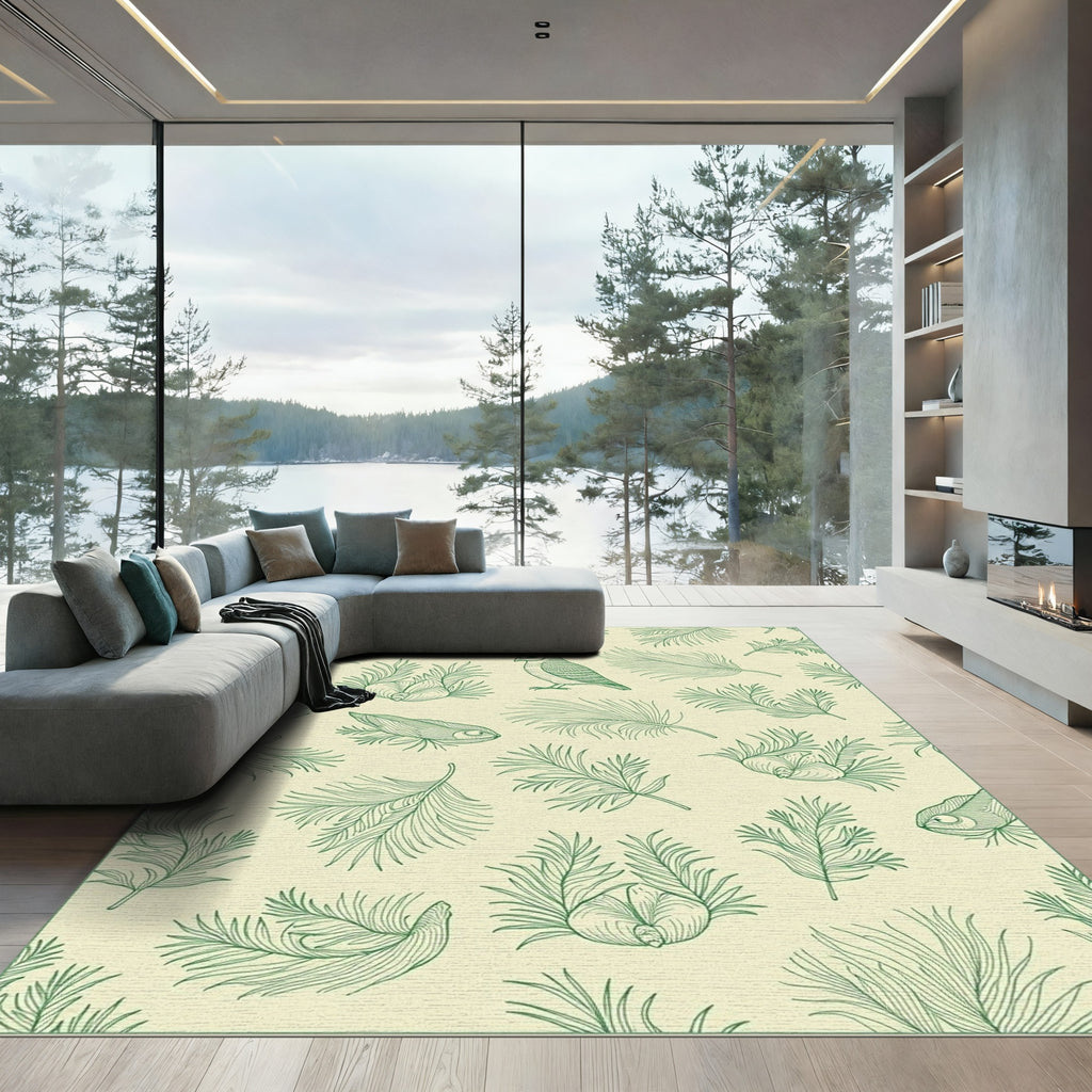 Green Bird and Feather Line Art Rug