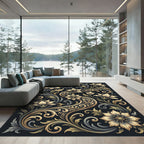 Elegant Gold Floral Swirl Botanical Rug