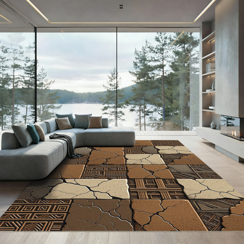 Cracked Earth Geometric Tile Composition Rug
