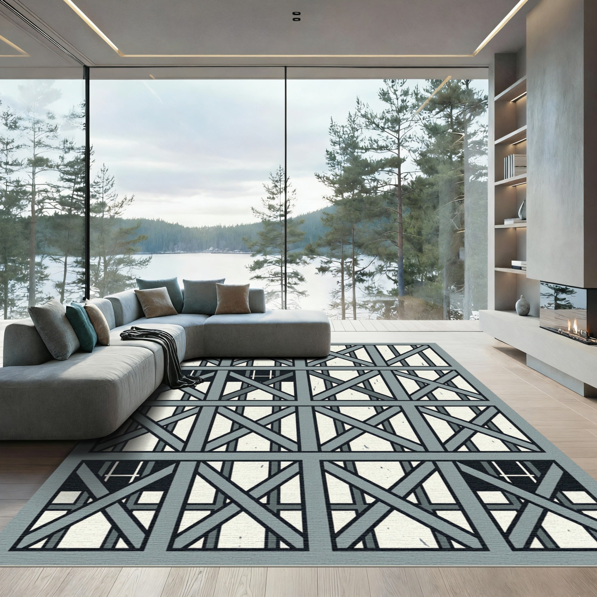 Gray Geometric Interlocking Square Window Rug