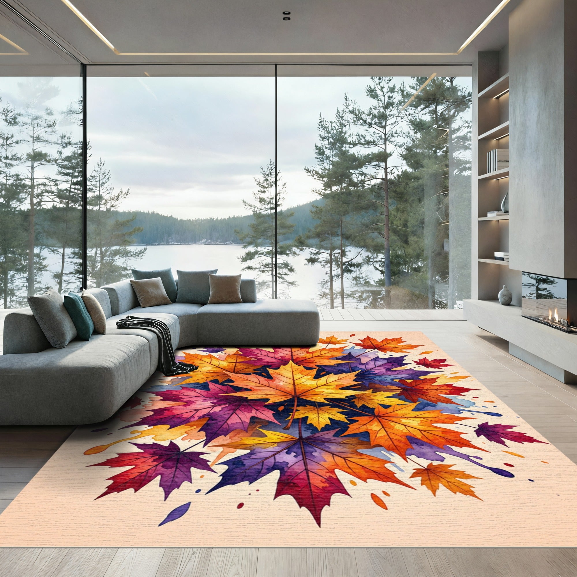 Autumn Maple Leaf Watercolor Swirl Rug