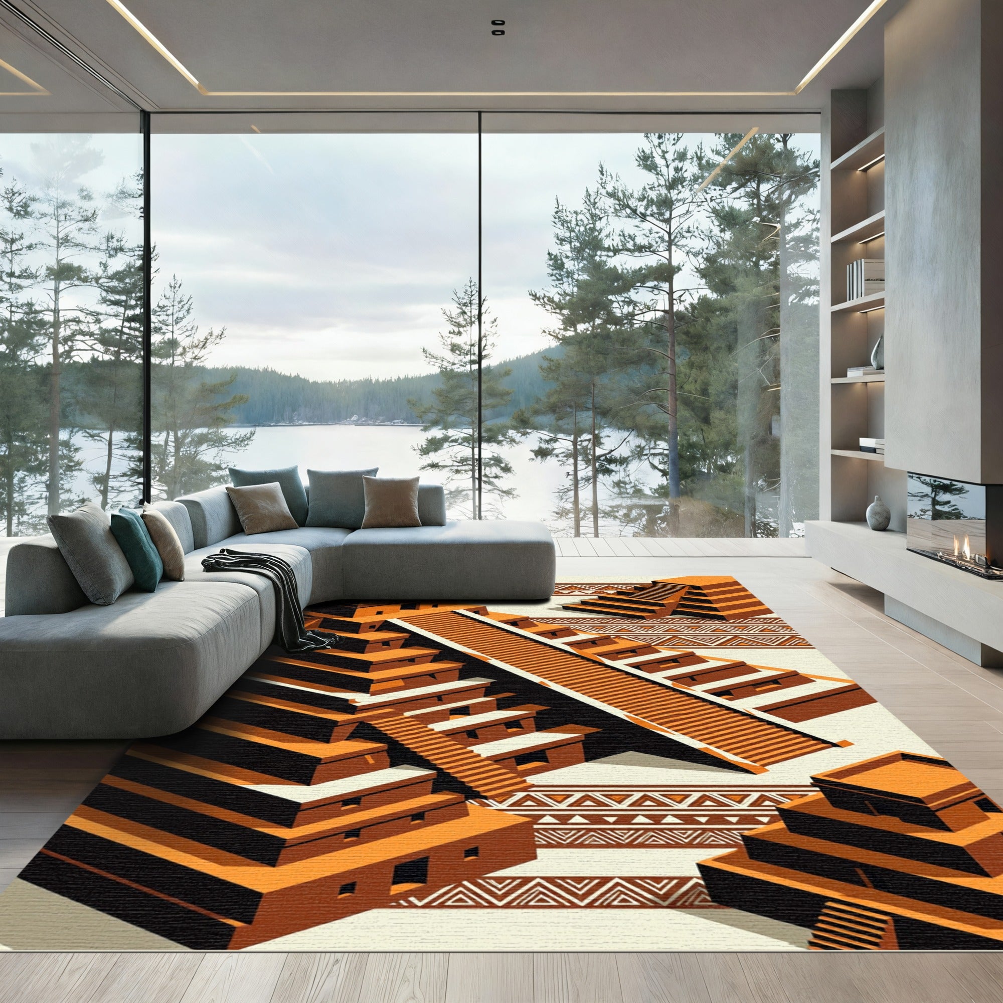 Terracotta Aztec Geometric Step Pyramid Rug