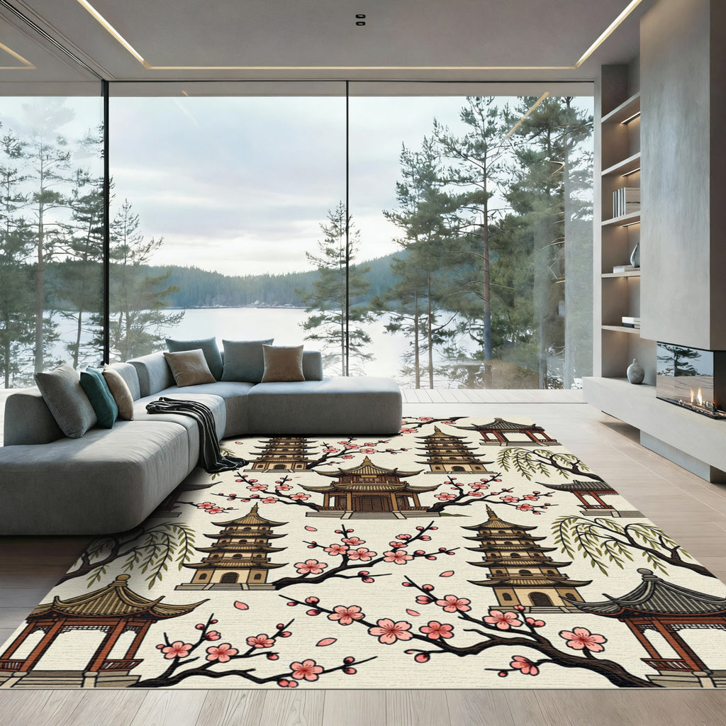 Pagoda Cherry Blossom Willow Scene Rug