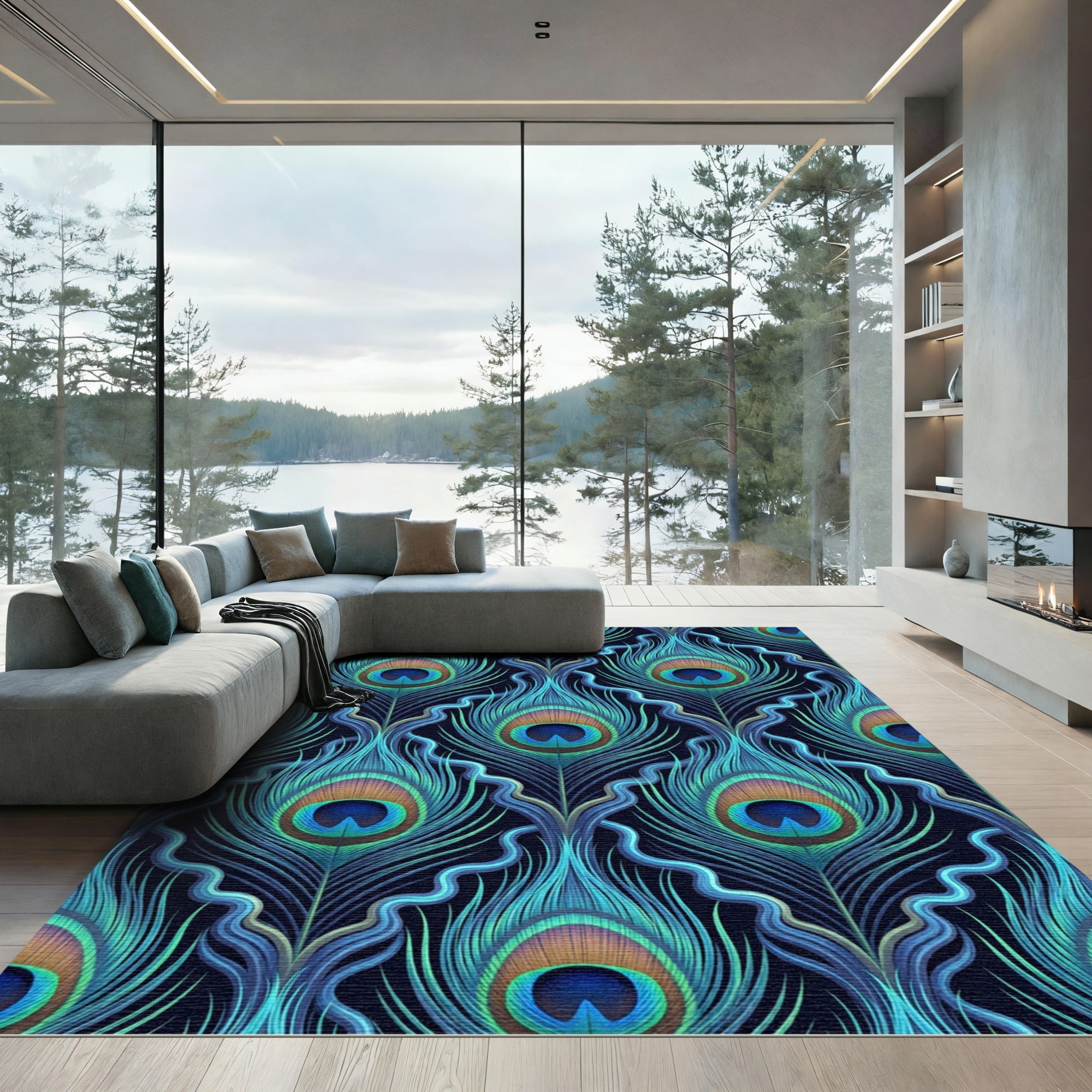 Opulent Teal Peacock Feather Damask Rug