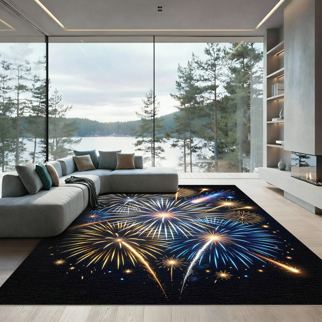 Radiant Gold and Blue Fireworks Burst Rug