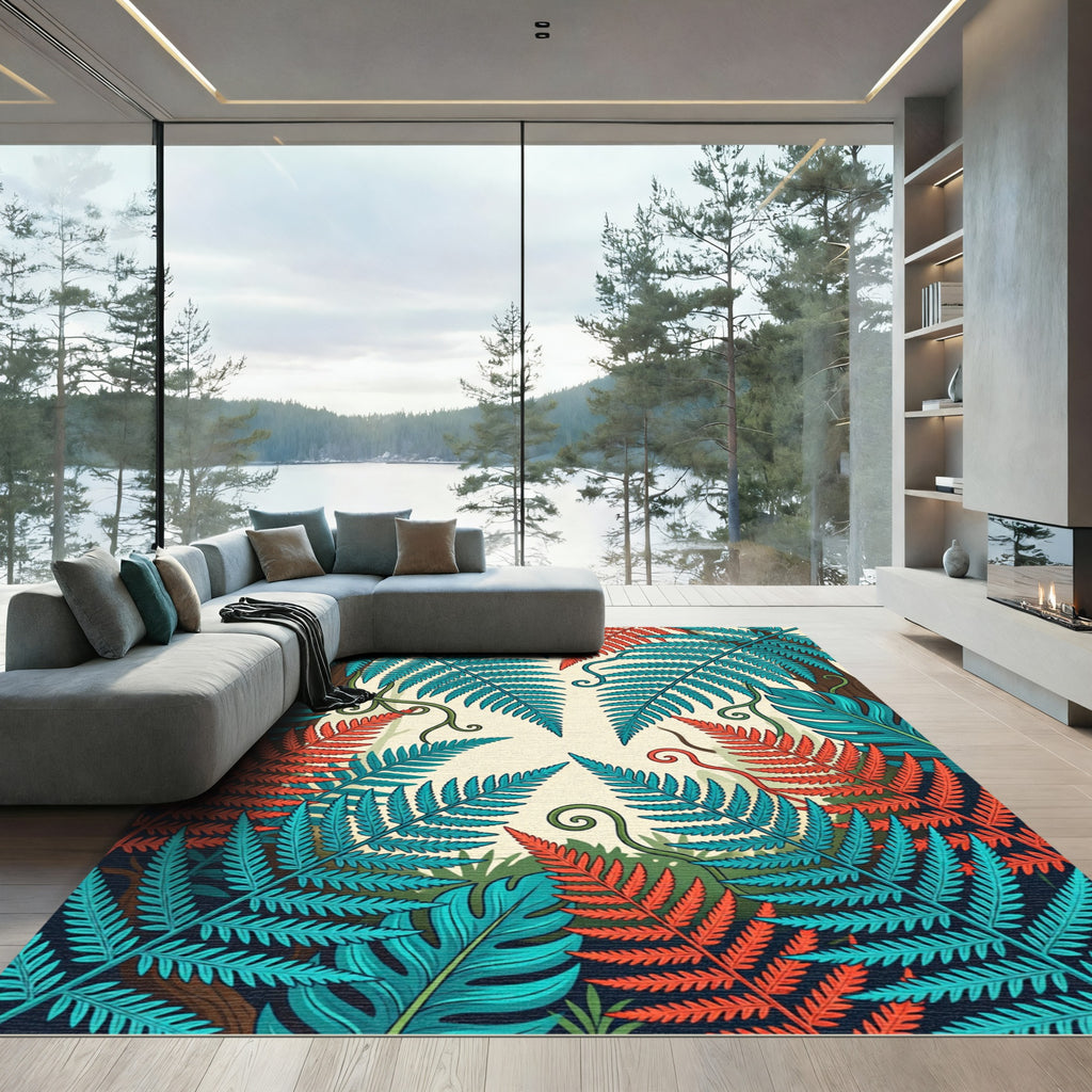 Vibrant Teal and Terracotta Tropical Ferns Rug