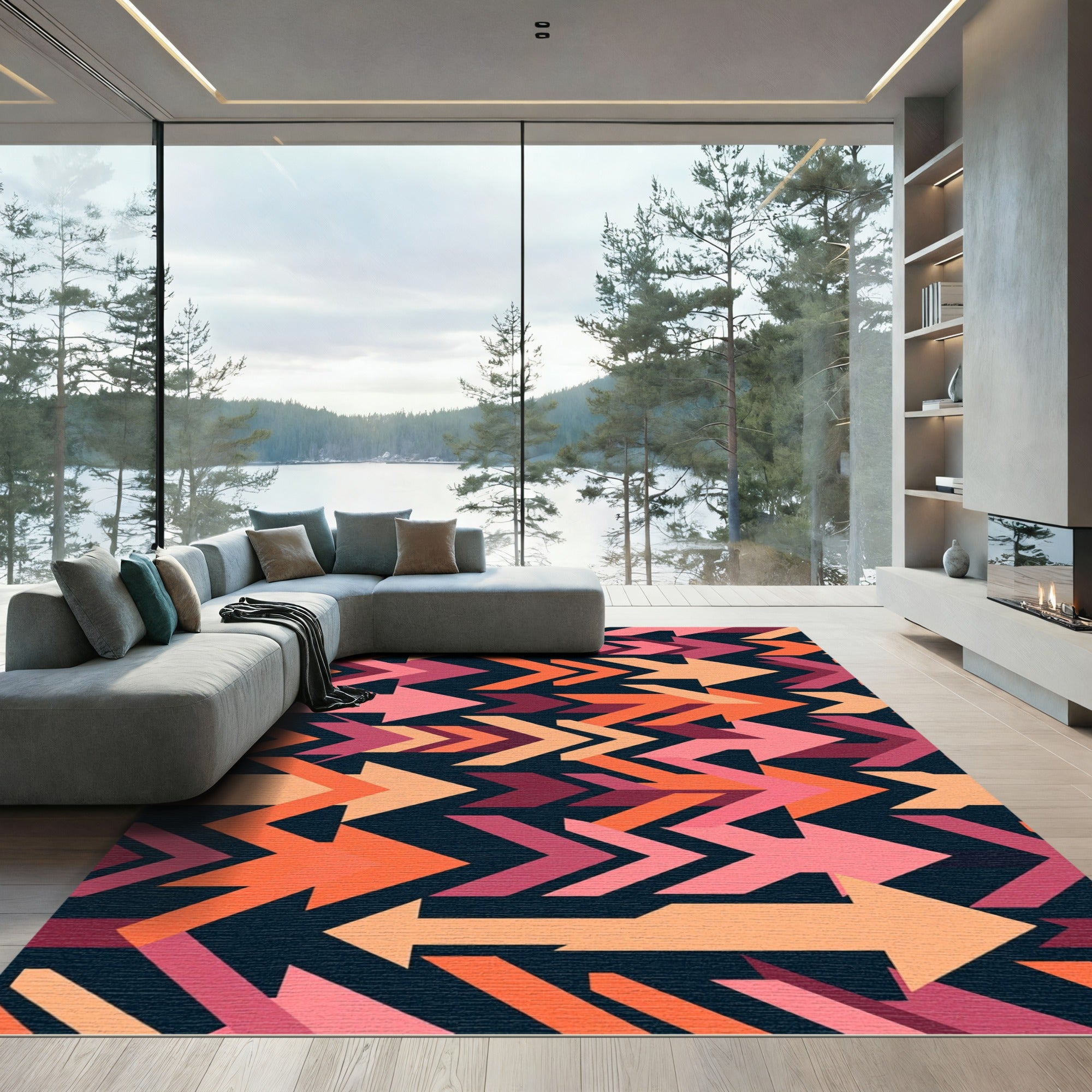 Vibrant Coral Chevron Arrow Geometric Rug