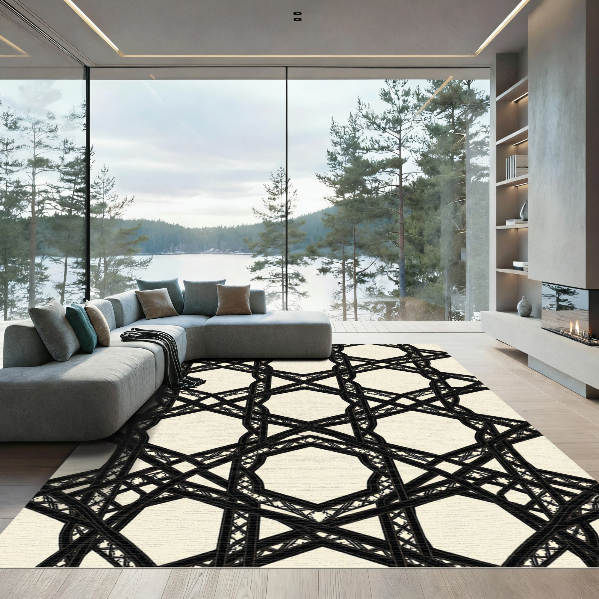 Monochrome Geometric Lattice Interlocking Hexagon Rug