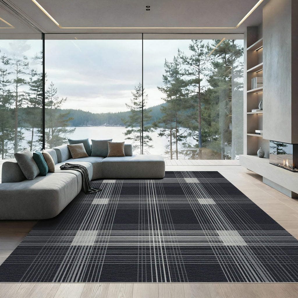 Dark Gray Modern Grid Checkered Rug