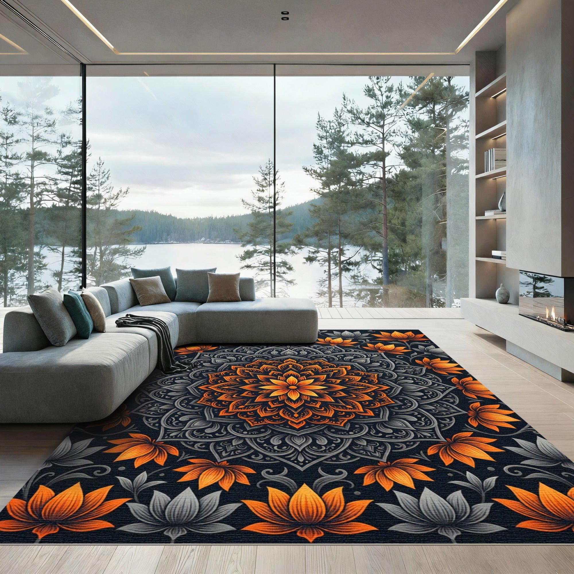 Golden Lotus Mandala and Dark Gray Flourish Rug