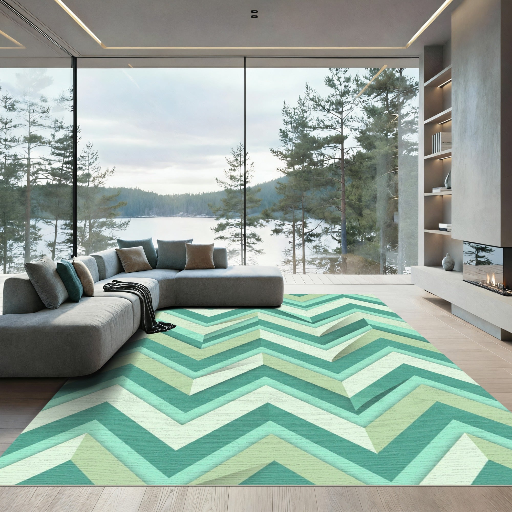 Teal Mint Chevron Layered Rug