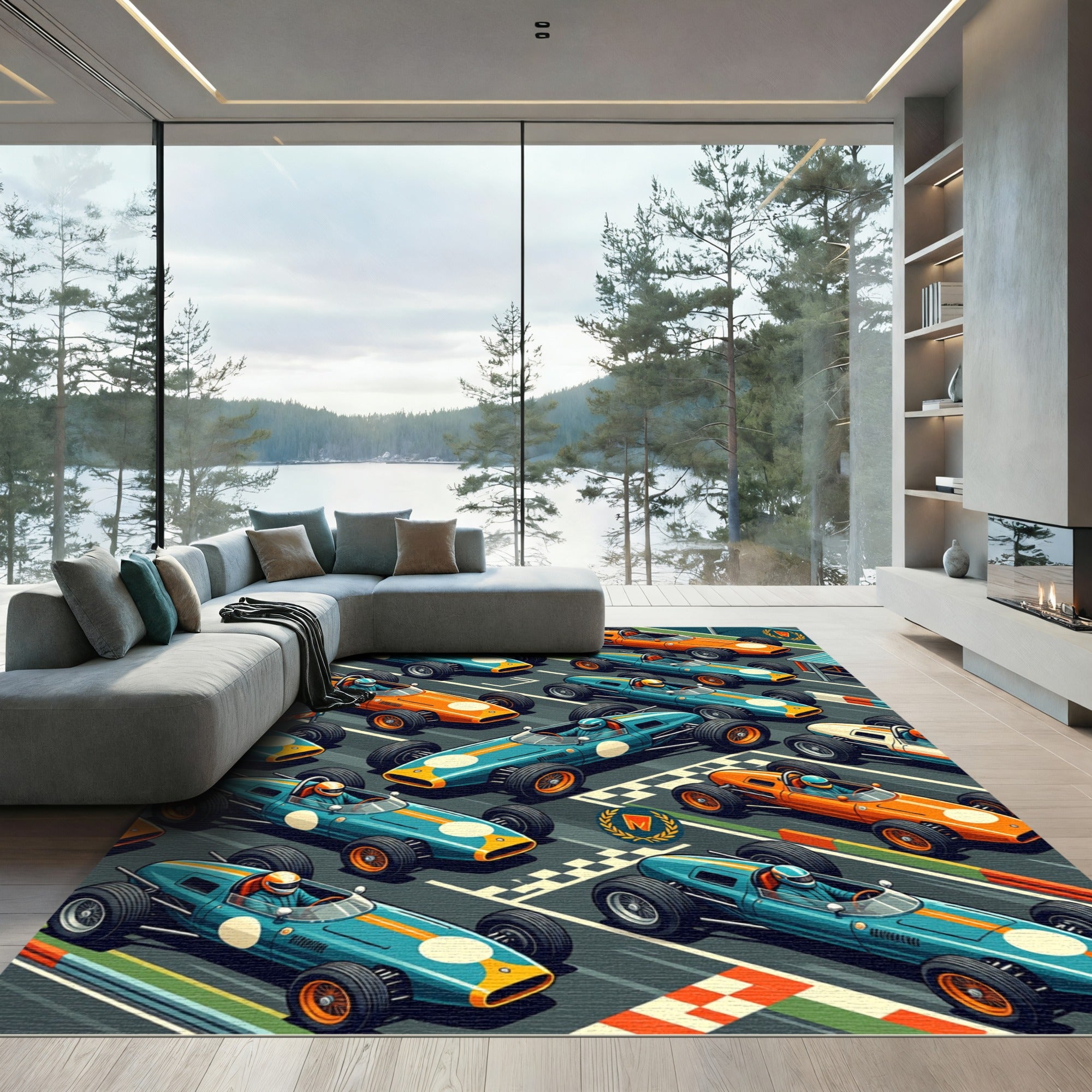 Vintage Retro Grand Prix Racing Scene Rug