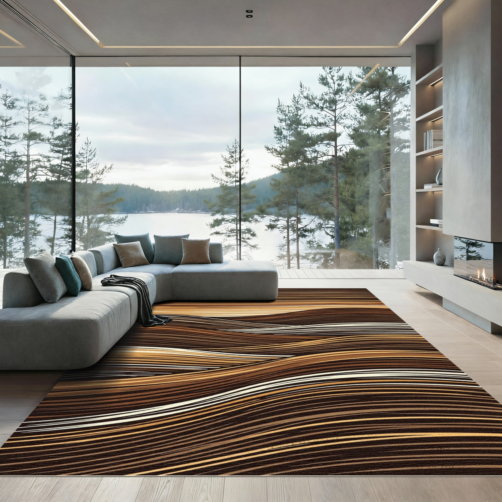Earthy Brown Abstract Wavy Striped Rug