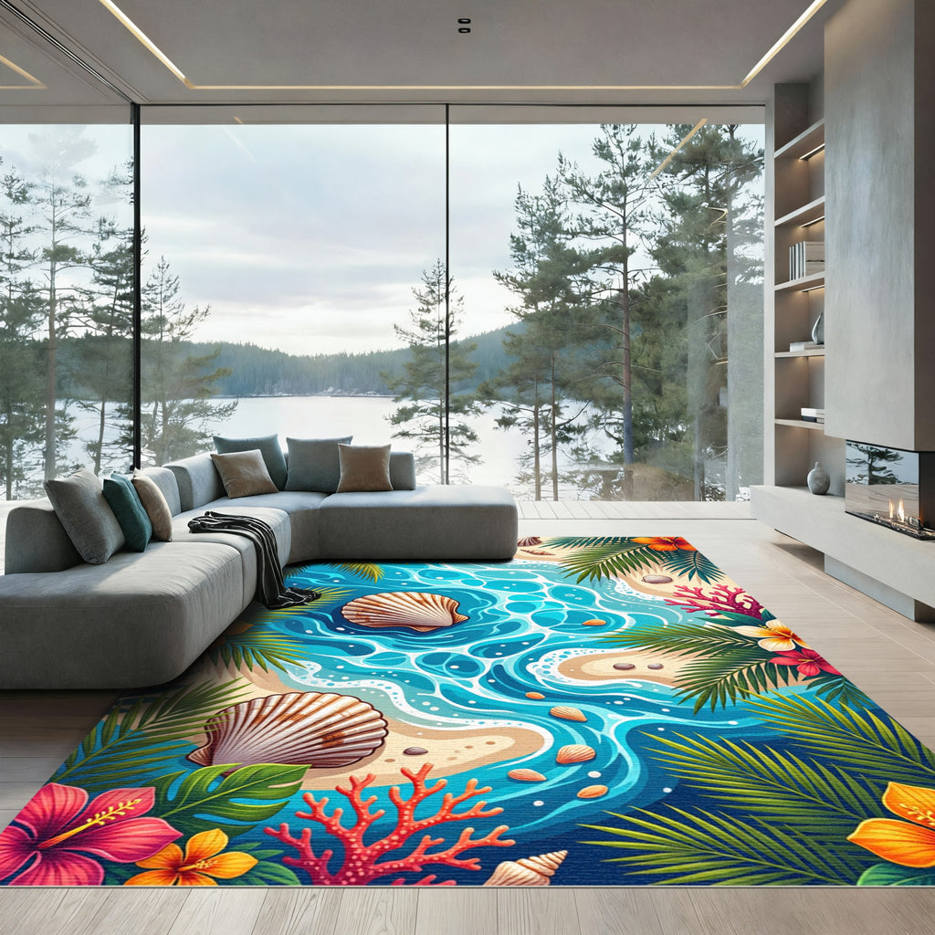 Vibrant Tropical Seashell Aquatic Island Rug