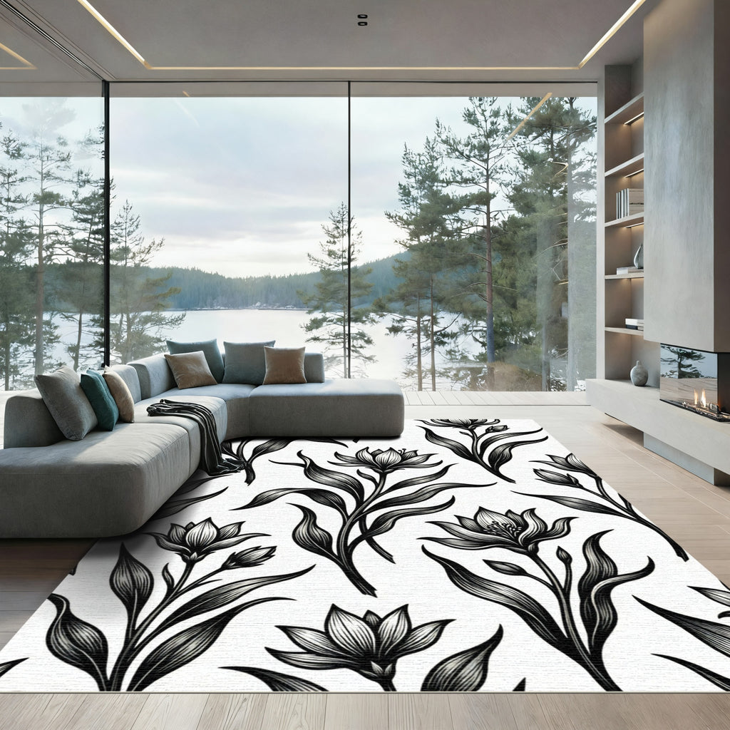 Elegant Monochrome Floral Botanical Illustration Rug