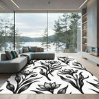 Elegant Monochrome Floral Botanical Illustration Rug