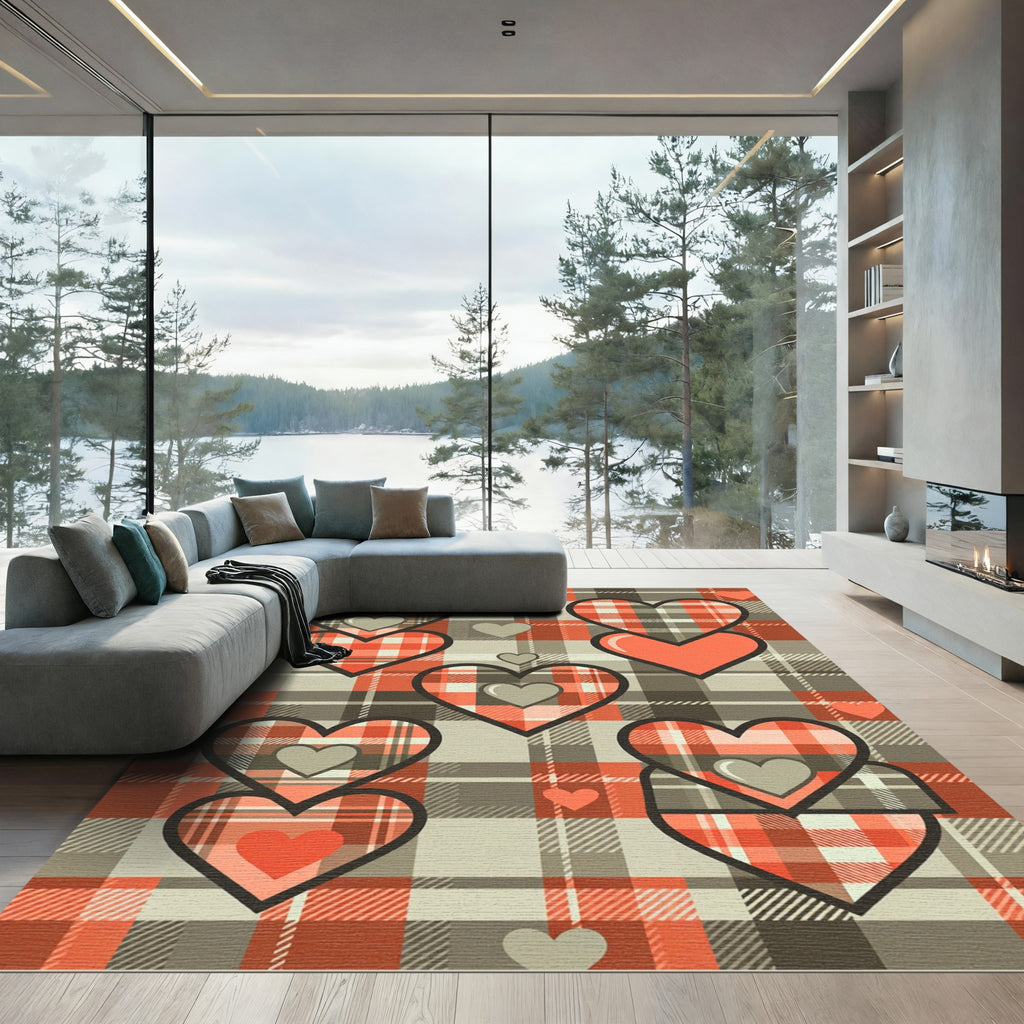 Tartan Plaid Hearts Red Gray Area Rug