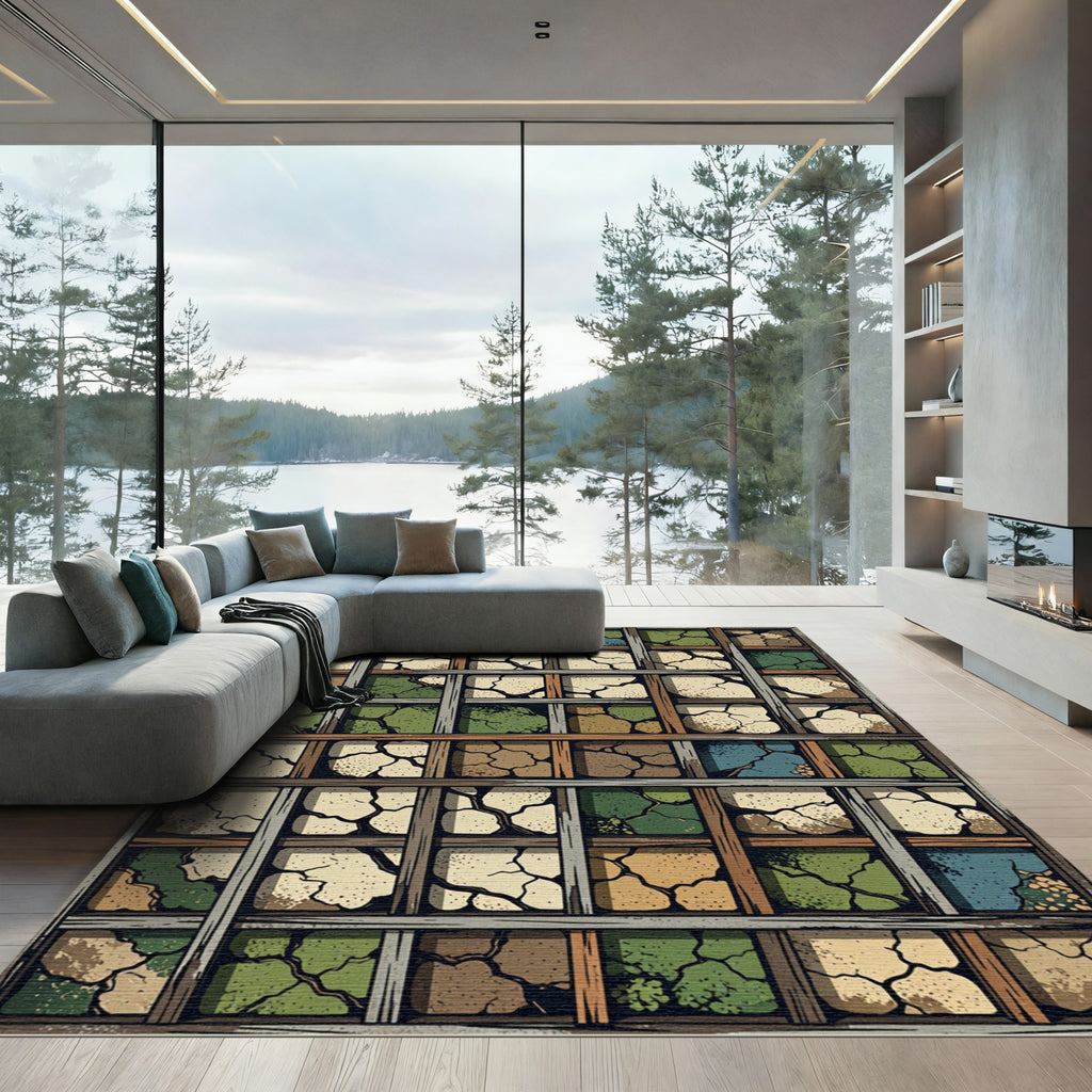 Cracked Earth Tiles In Wood Grid Rug