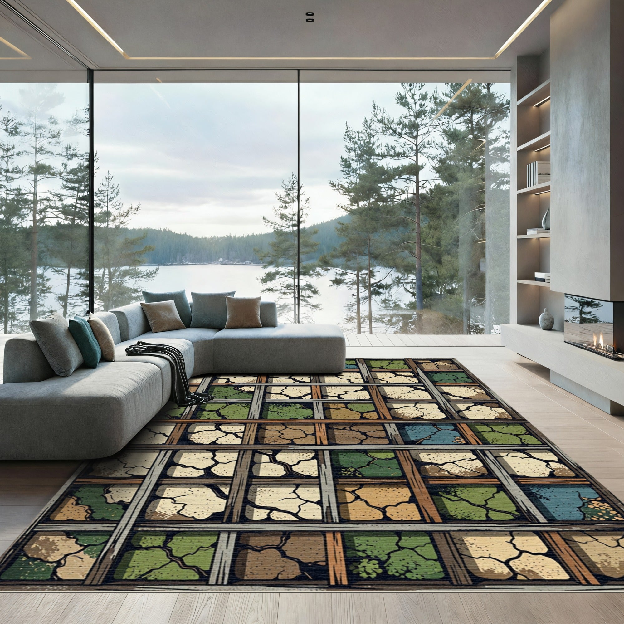 Cracked Earth Tiles In Wood Grid Rug