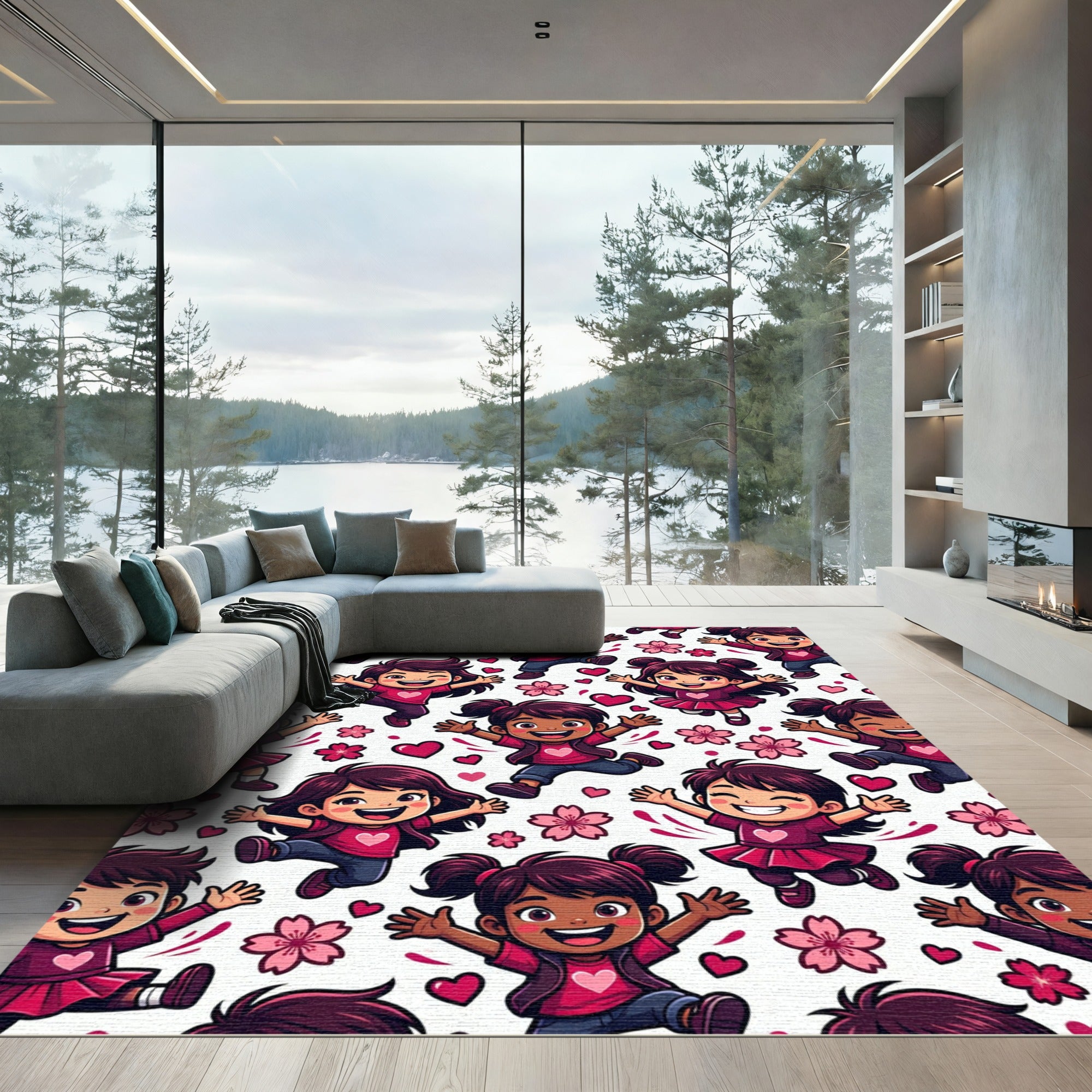 Joyful Kids Pink Hearts Cherry Blossoms Rug