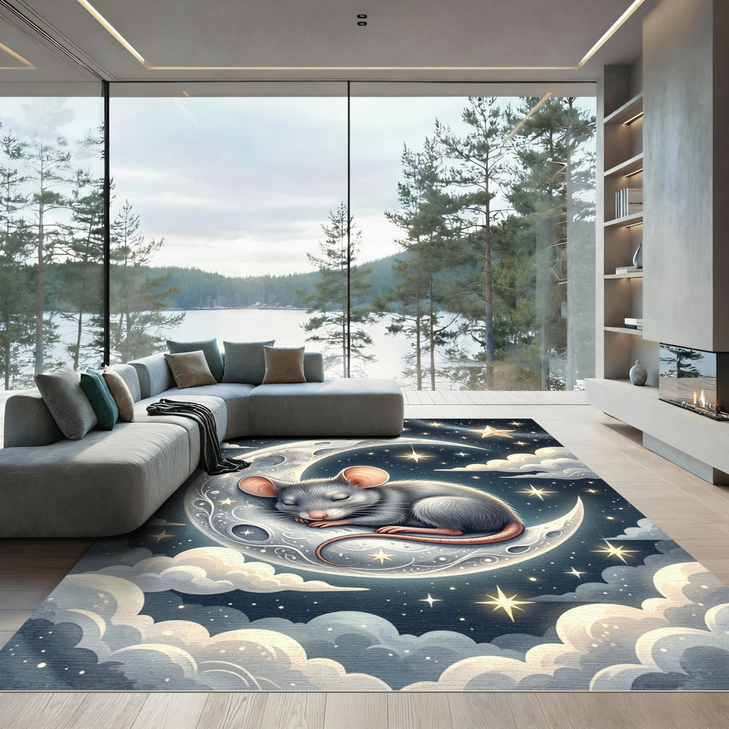 Whimsical Celestial Sleeping Mouse Crescent Moon Rug