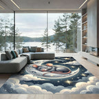 Whimsical Celestial Sleeping Mouse Crescent Moon Rug