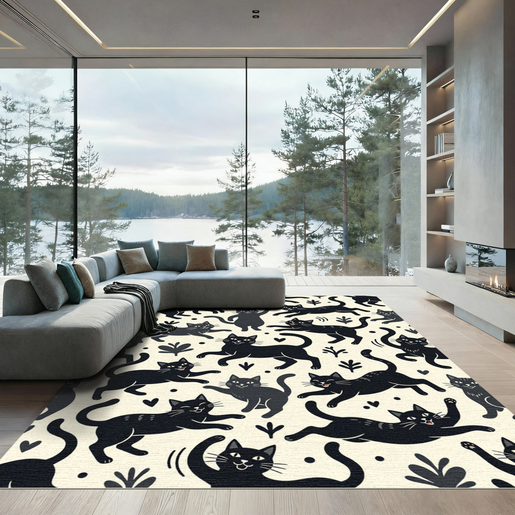 Playful Black Cat Whimsical Doodles Rug