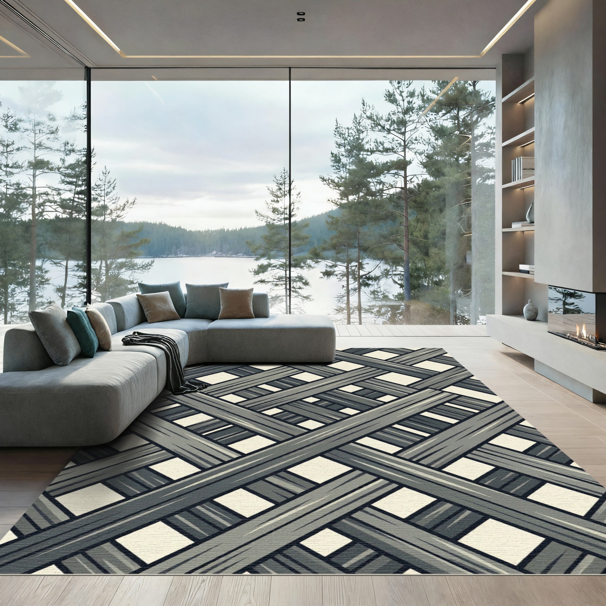 Gray Intersecting Wood Grain Effect Rug