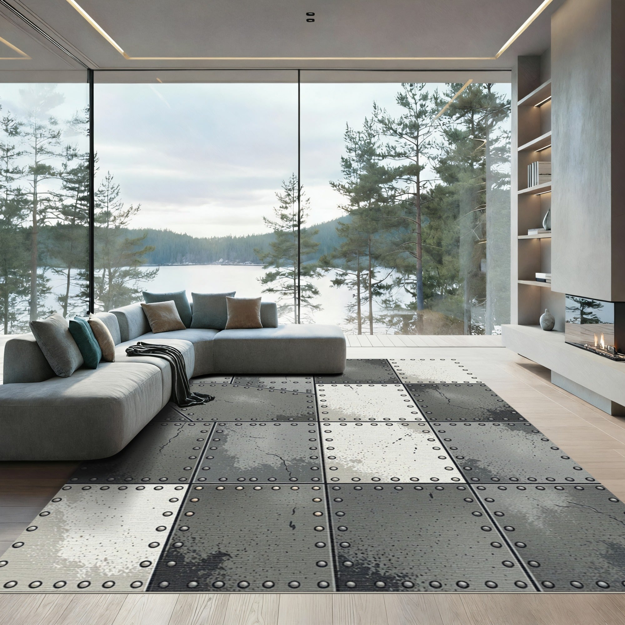 Industrial Gray Riveted Steel Plate Rug